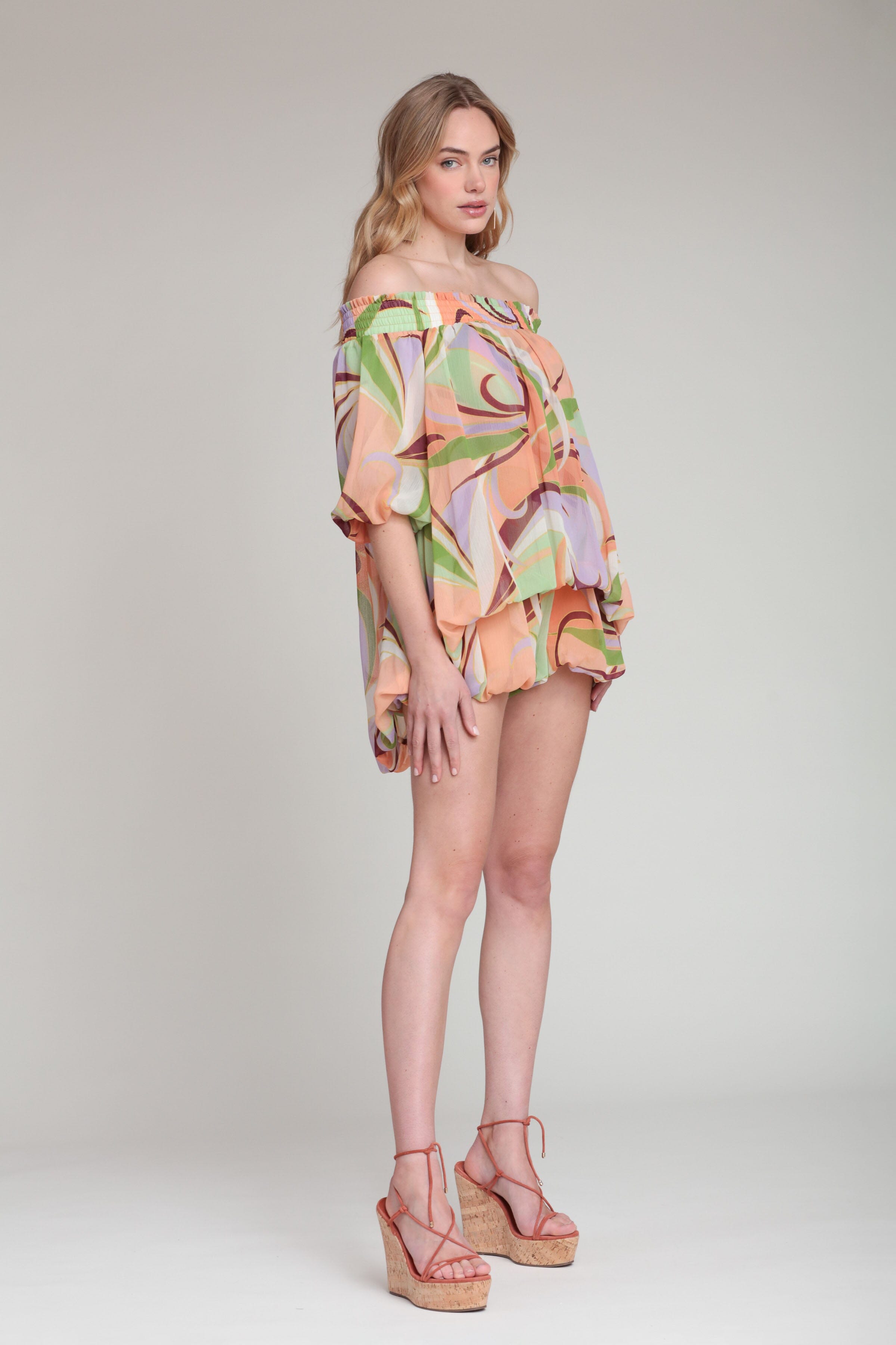 Multicolor printed chiffon off shoulder womens summer romper dress - Shop cute romper dresses by Avec Les Filles