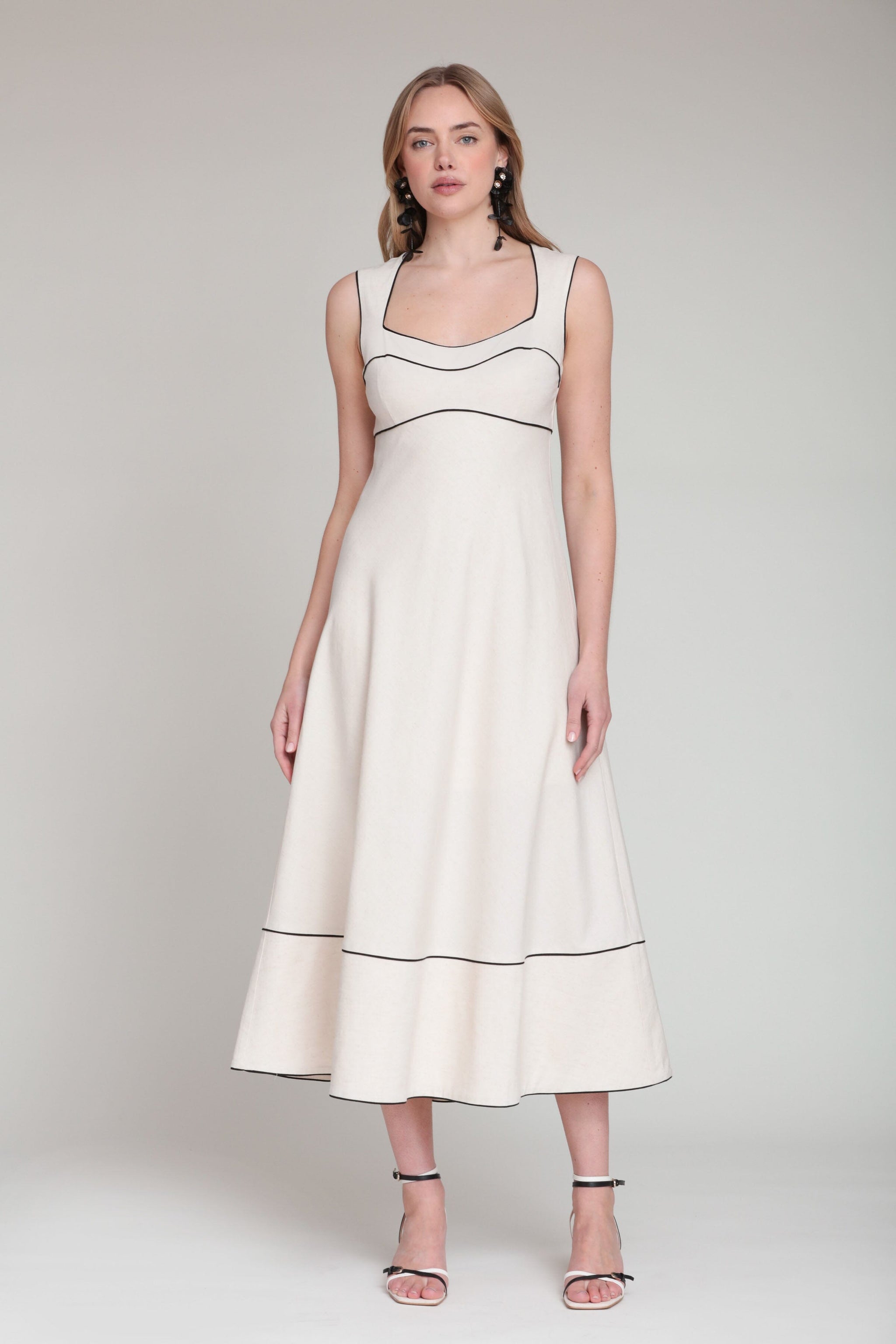 Square Neck Sleeveless Cream Midi Dress Square Neck Sleeveless Cream Midi Dress