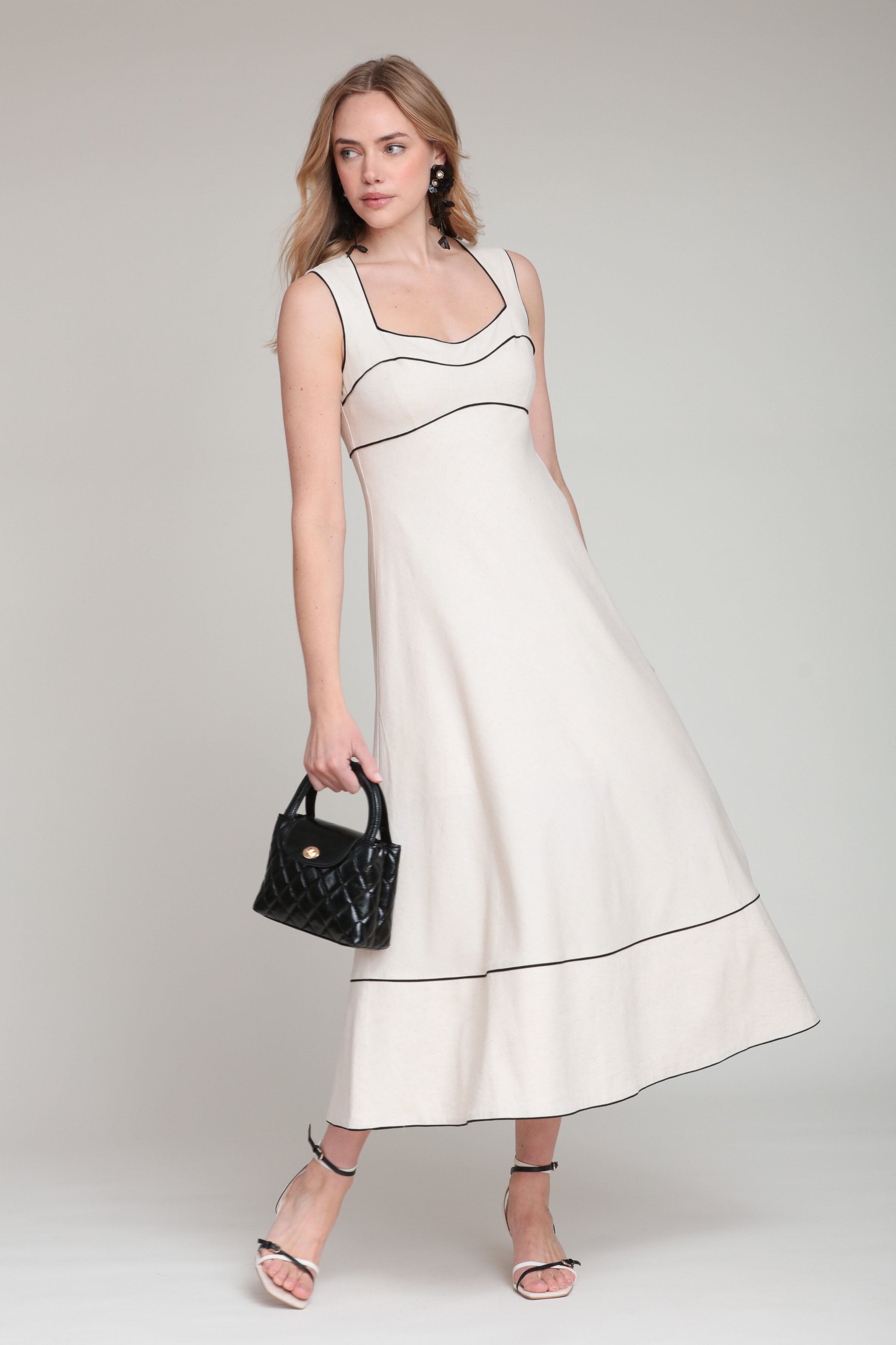 Linen blend sleeveless cream midi dress with a square neck - Shop women's cute midi dresses by Avec Les Filles