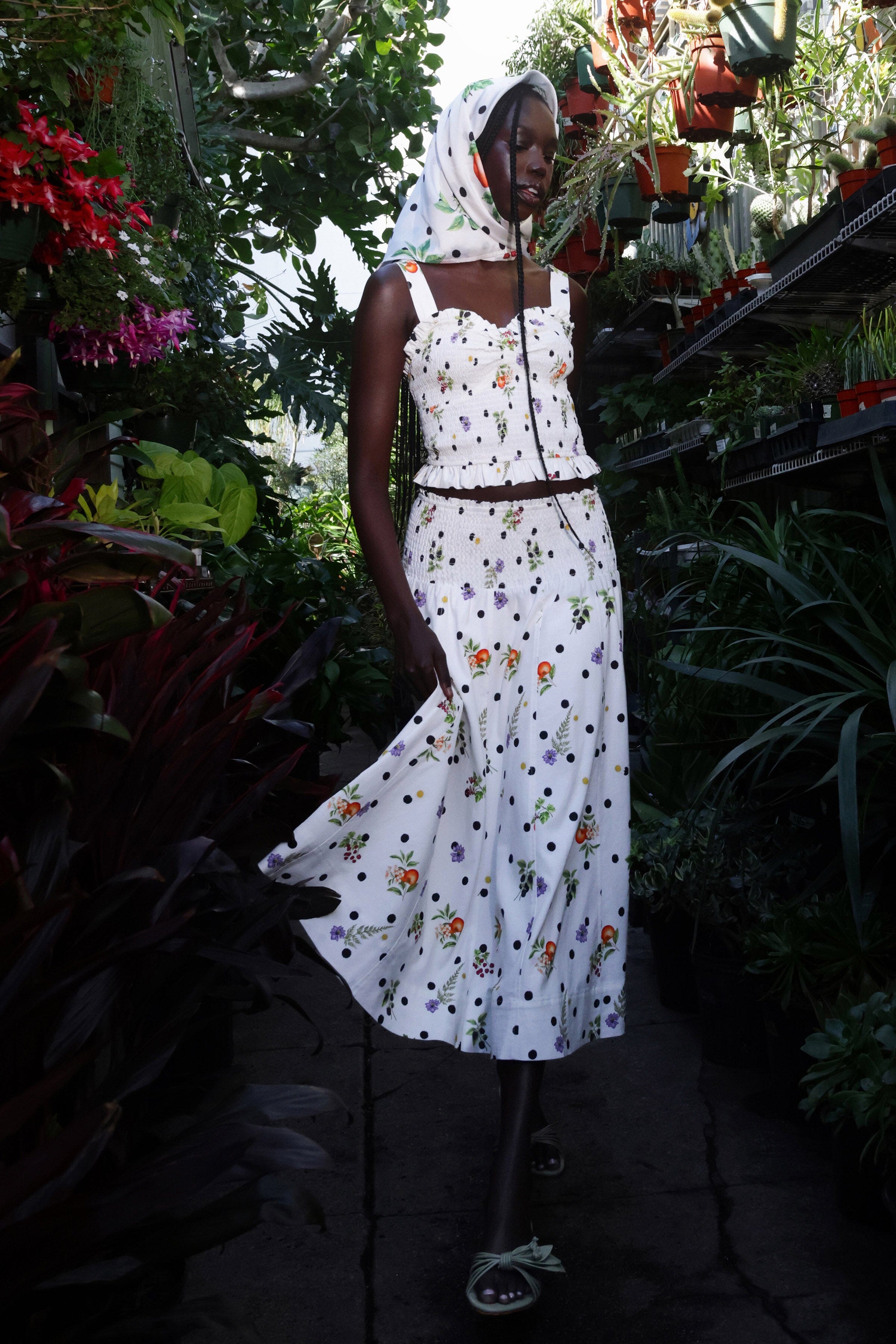 White floral polka dot midi skirt with white crop top - Shop women's cute tops and midi skirts by Avec Les Filles