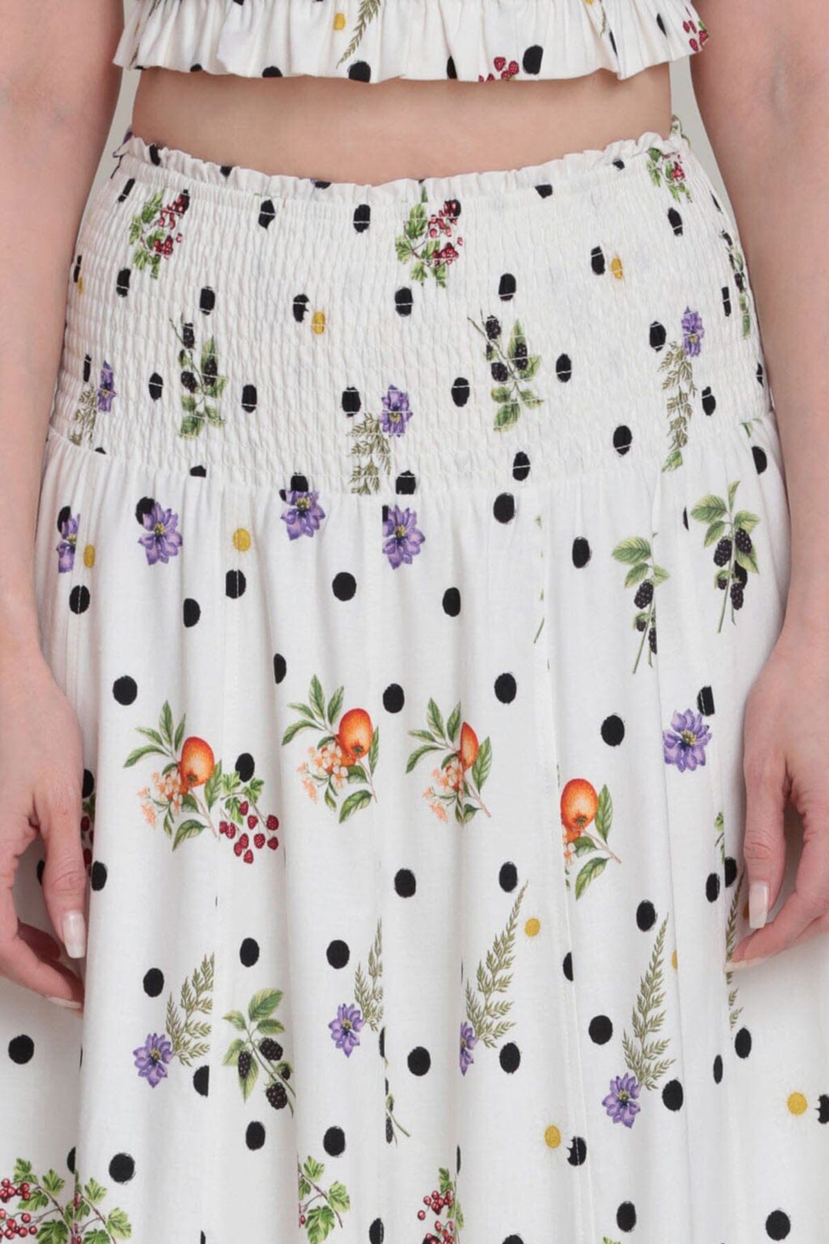 Floral polka dot white smocked midi skirt with an elastic waistband - Shop women's cute midi skirts by Avec Les Filles