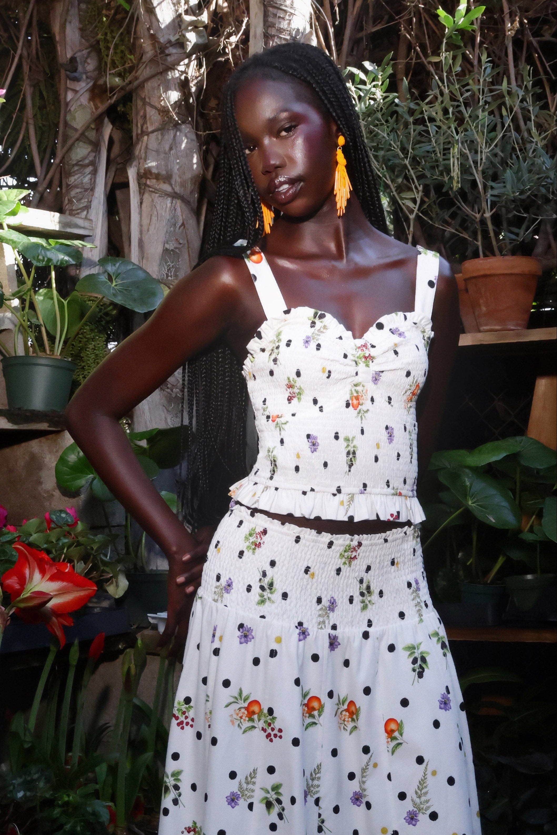 White floral polka dot tank top with wide shoulder straps and a sweetheart neckline by Avec Les Filles