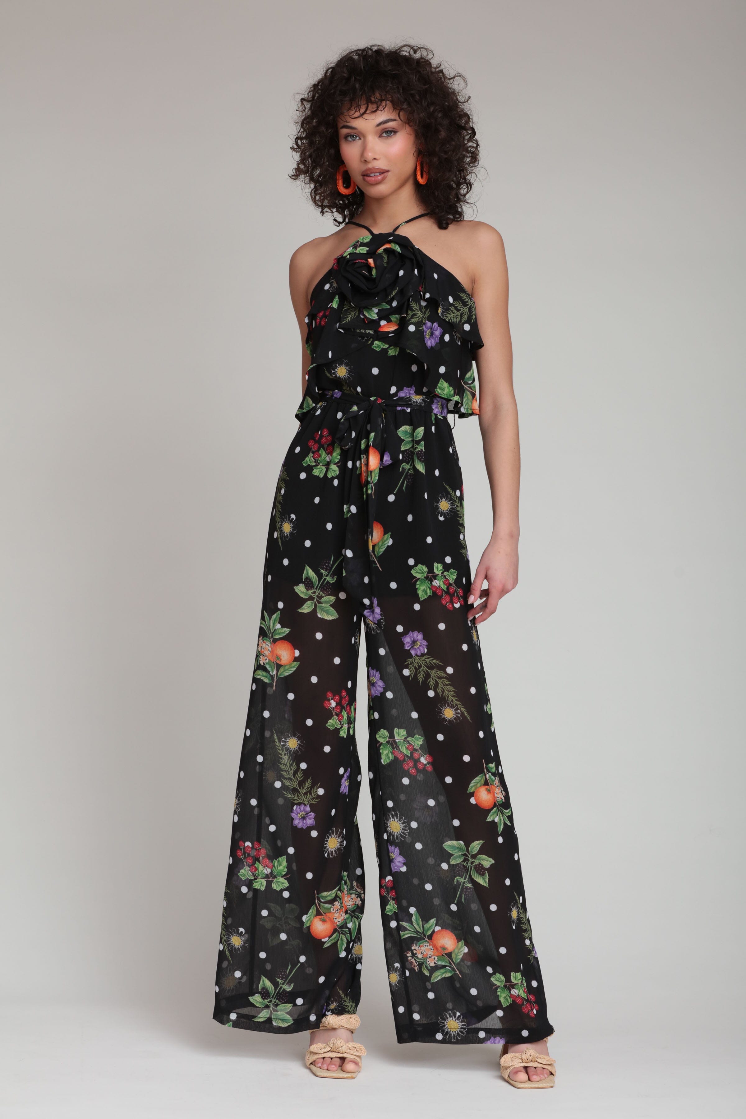 Polka dot chiffon black ruffle jumpsuit with waist belt - Shop designer women's cute jumpsuits by Avec Les Filles