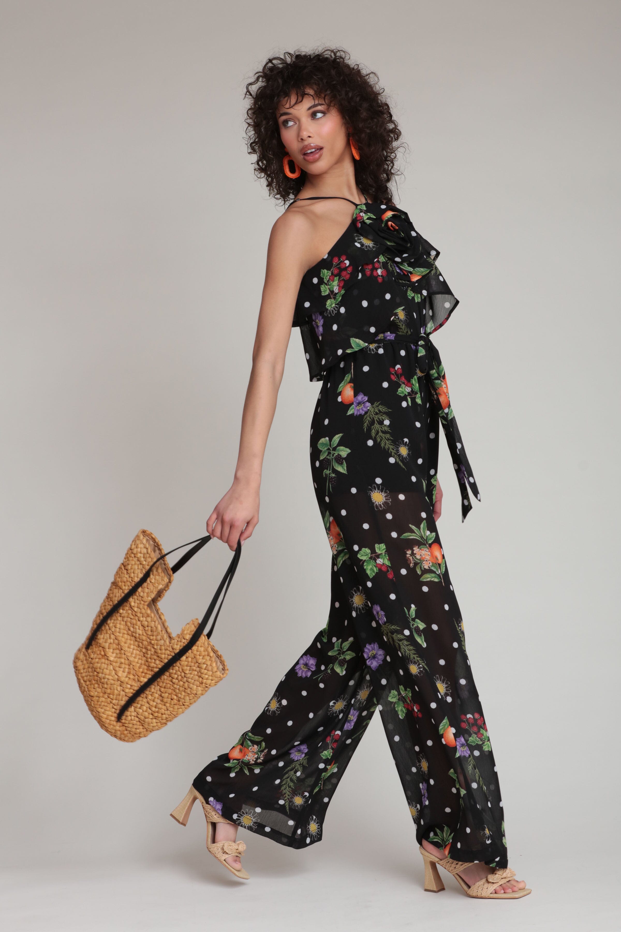 Polka dot chiffon black printed jumpsuit with waist belt - Shop designer women's cute jumpsuits by Avec Les Filles