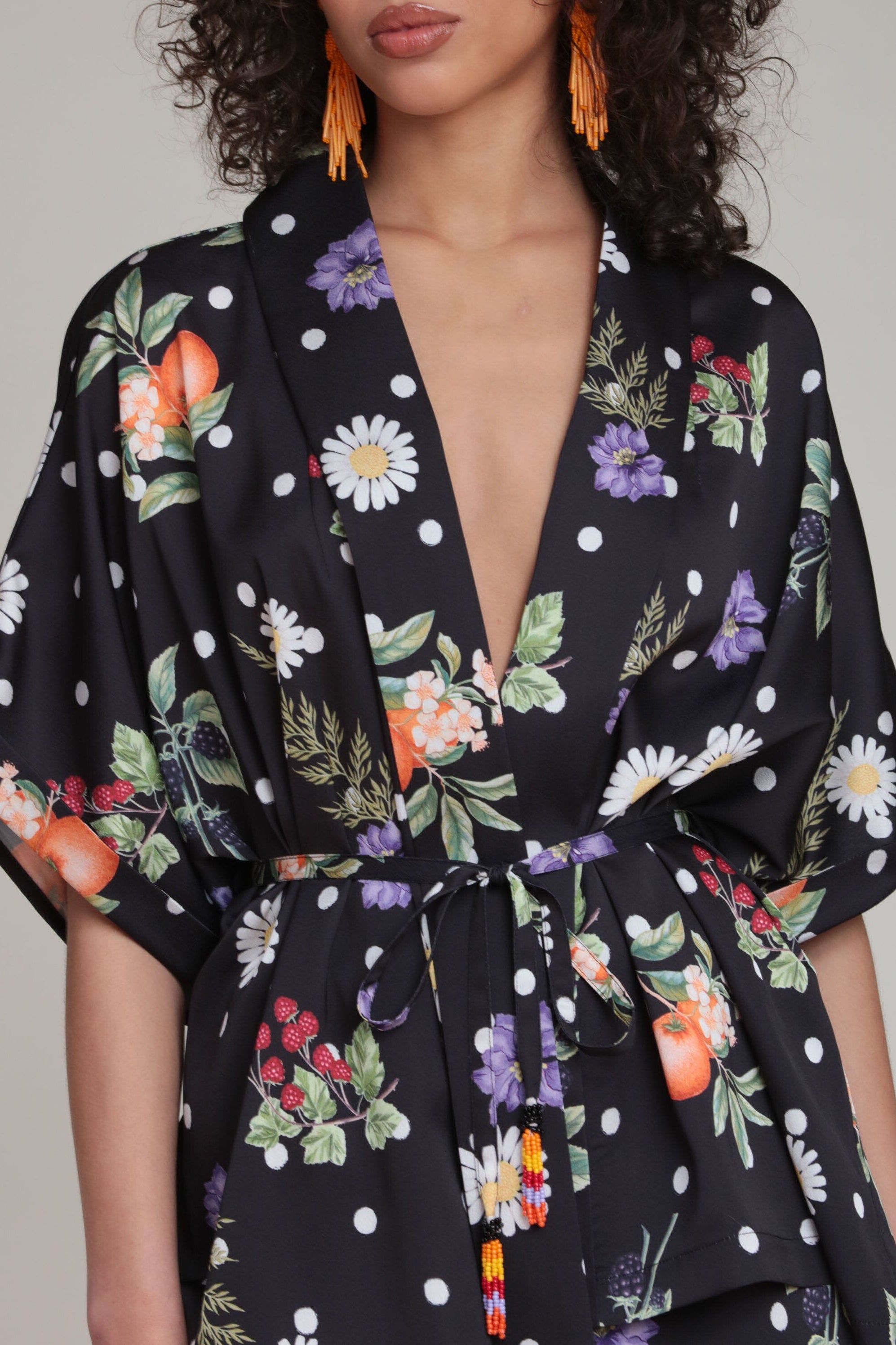 Floral polka dot satin black kimono top with an adjustable belt- Shop women's cute tops by Avec Les Filles
