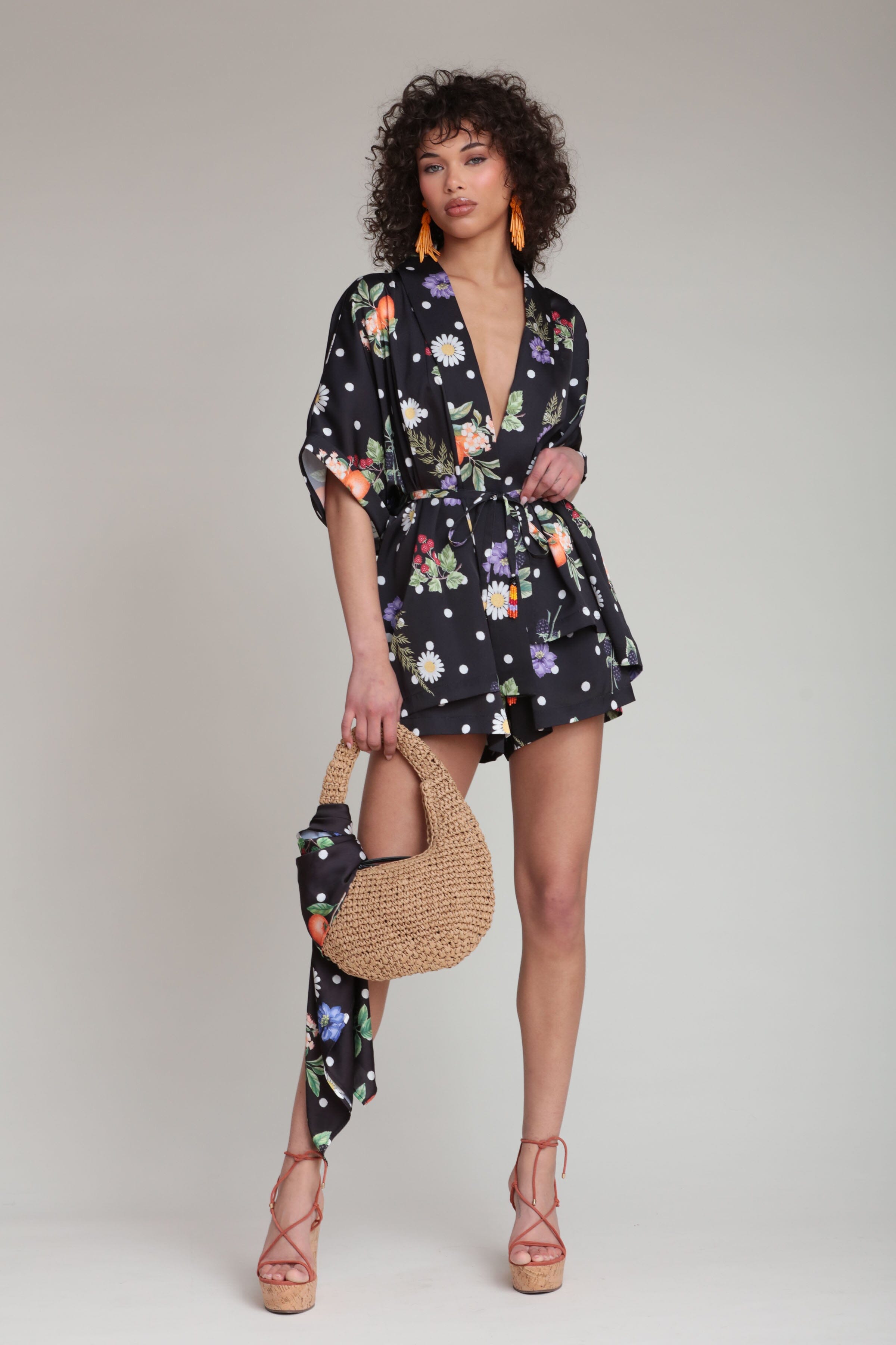Floral polka dot satin black kimono top with floral shorts - Shop women's cute tops by Avec Les Filles