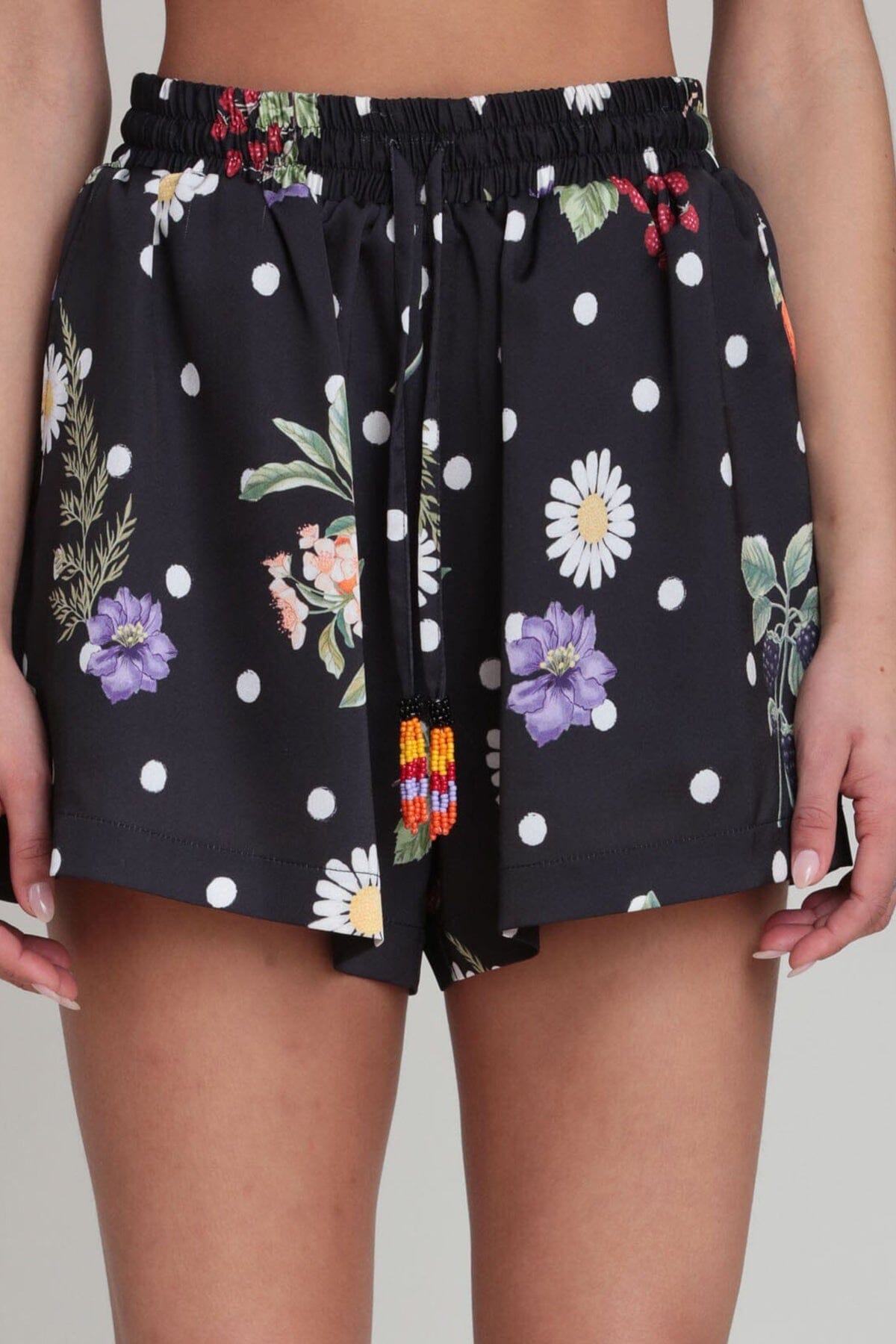 Satin floral black polka dot shorts with an adjustable drawcord - Shop designer women's satin shorts by Avec Les Filles