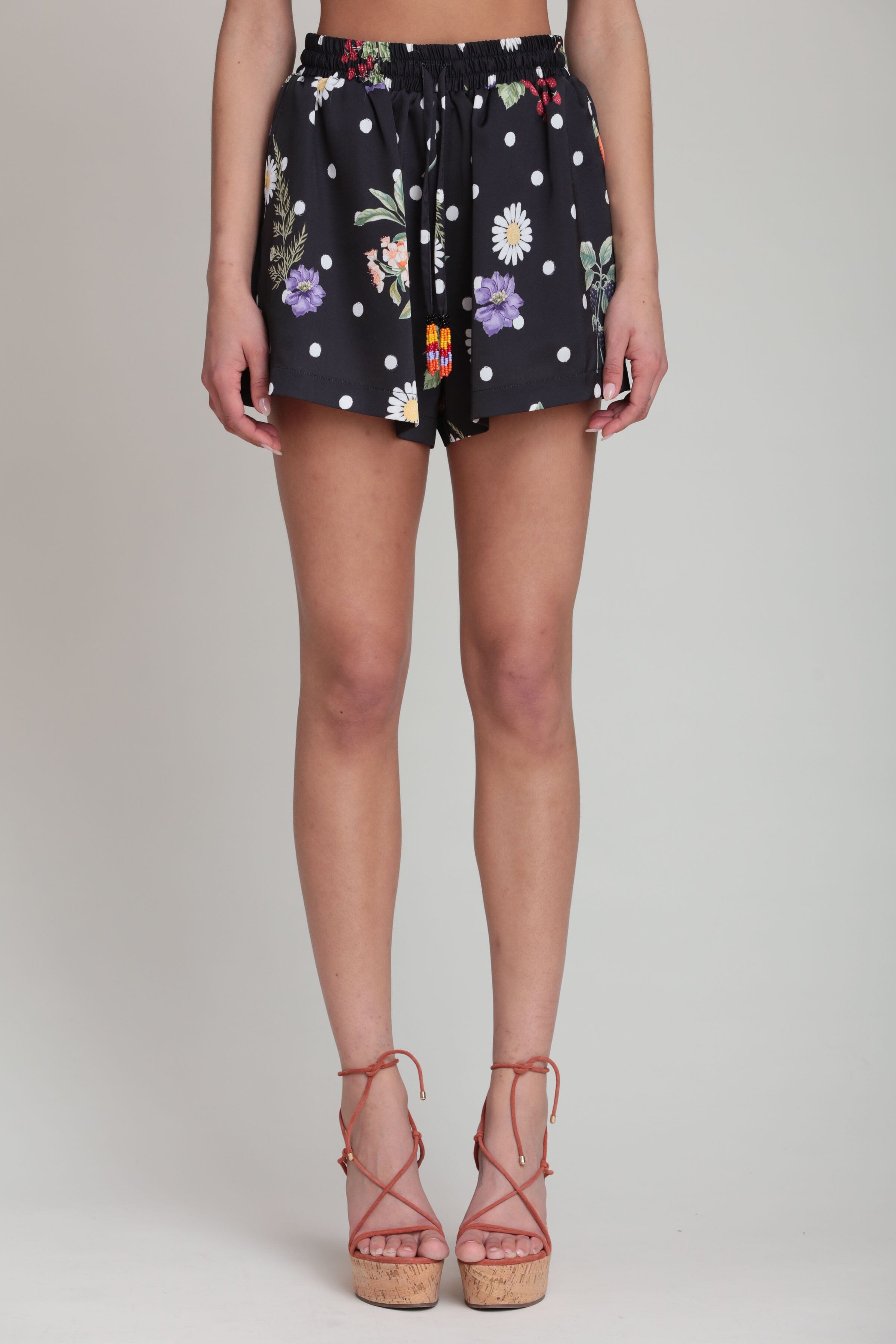 Satin floral black polka dot shorts with an adjustable drawcord - Shop designer women's cute shorts by Avec Les Filles