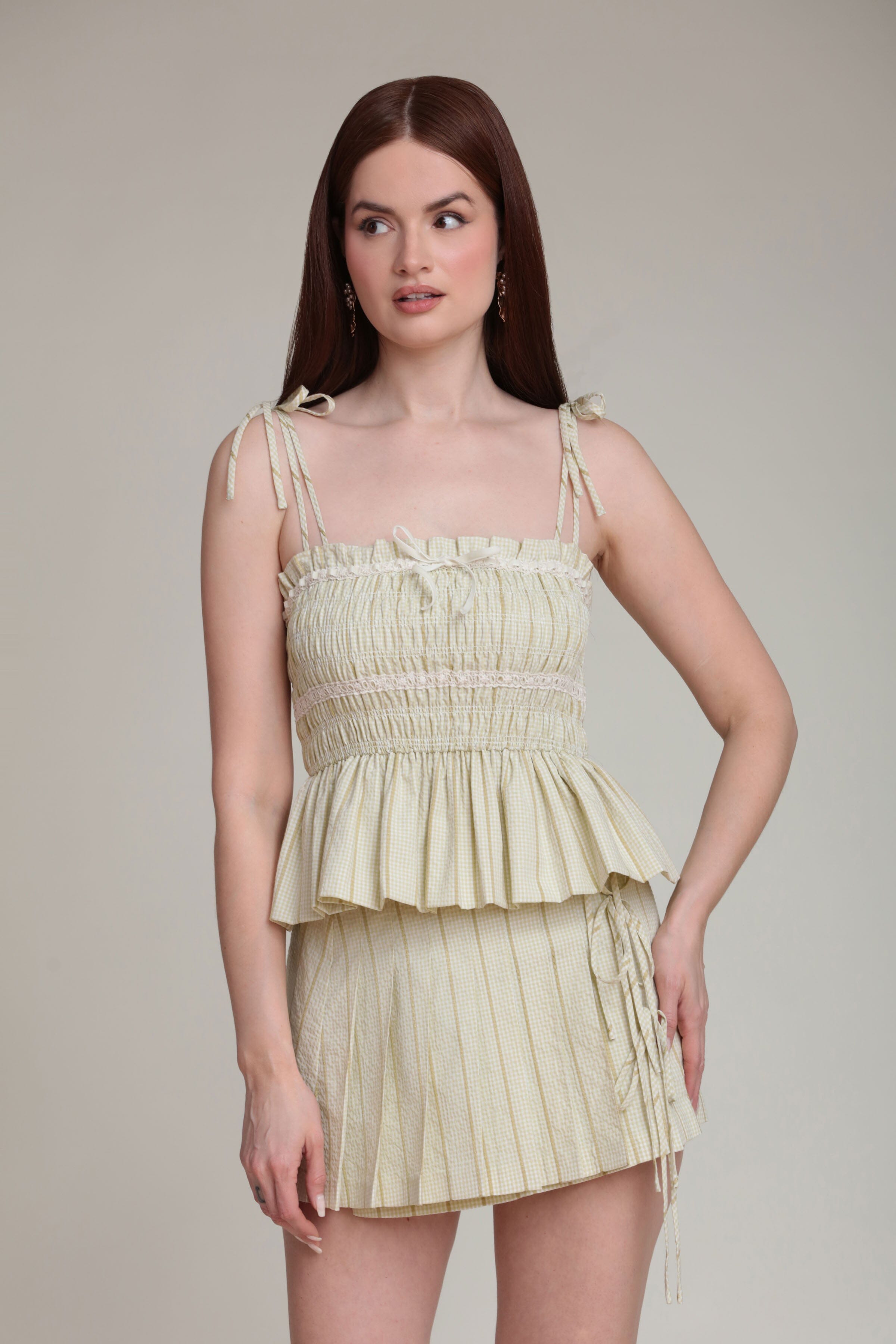 Striped smocked cream gingham tank top with square neckline and adjustable straps by Avec Les Filles