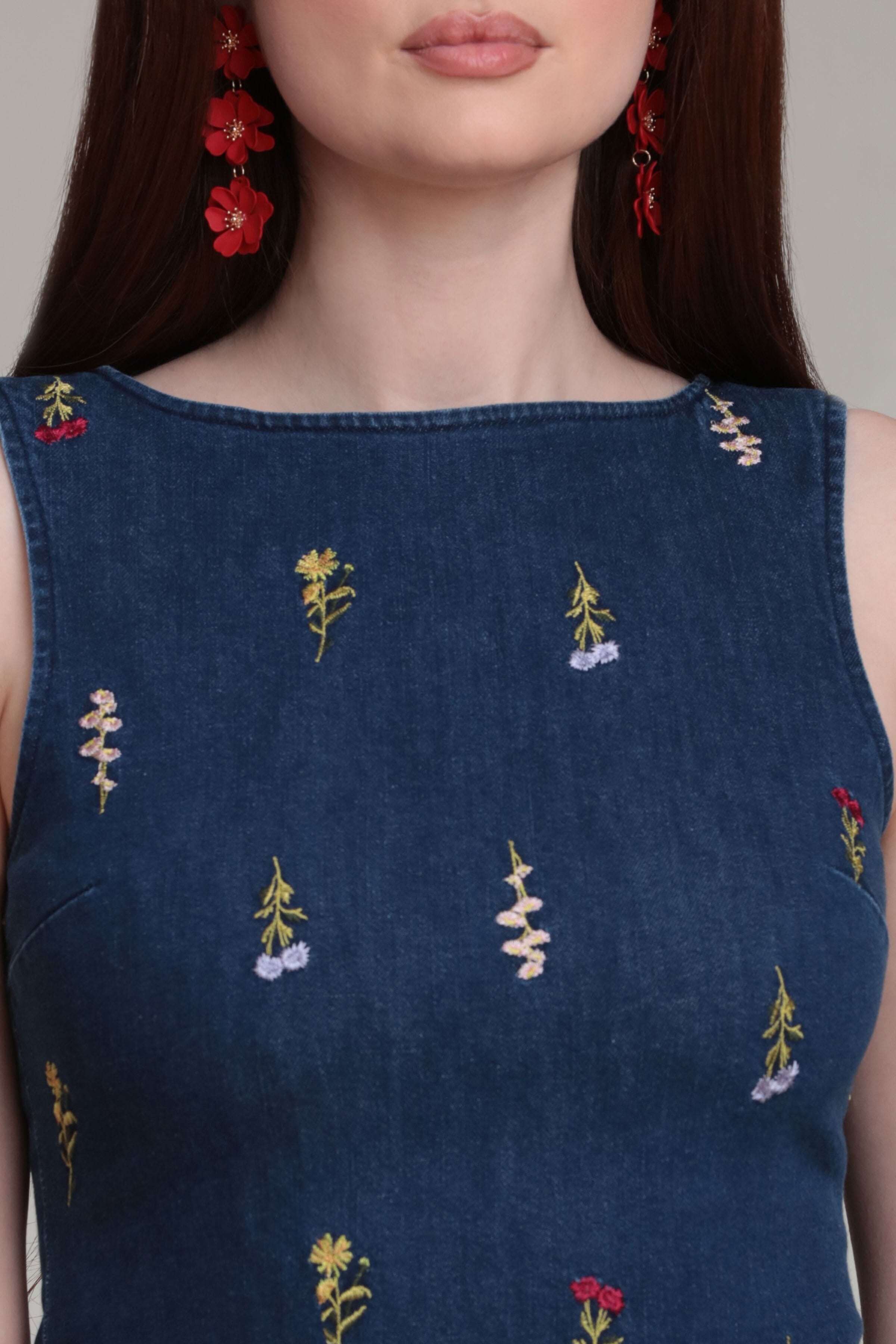 Embroidered cotton sleeveless indigo blue denim romper dress with boat neck - Shop cute romper dresses by Avec Les Filles