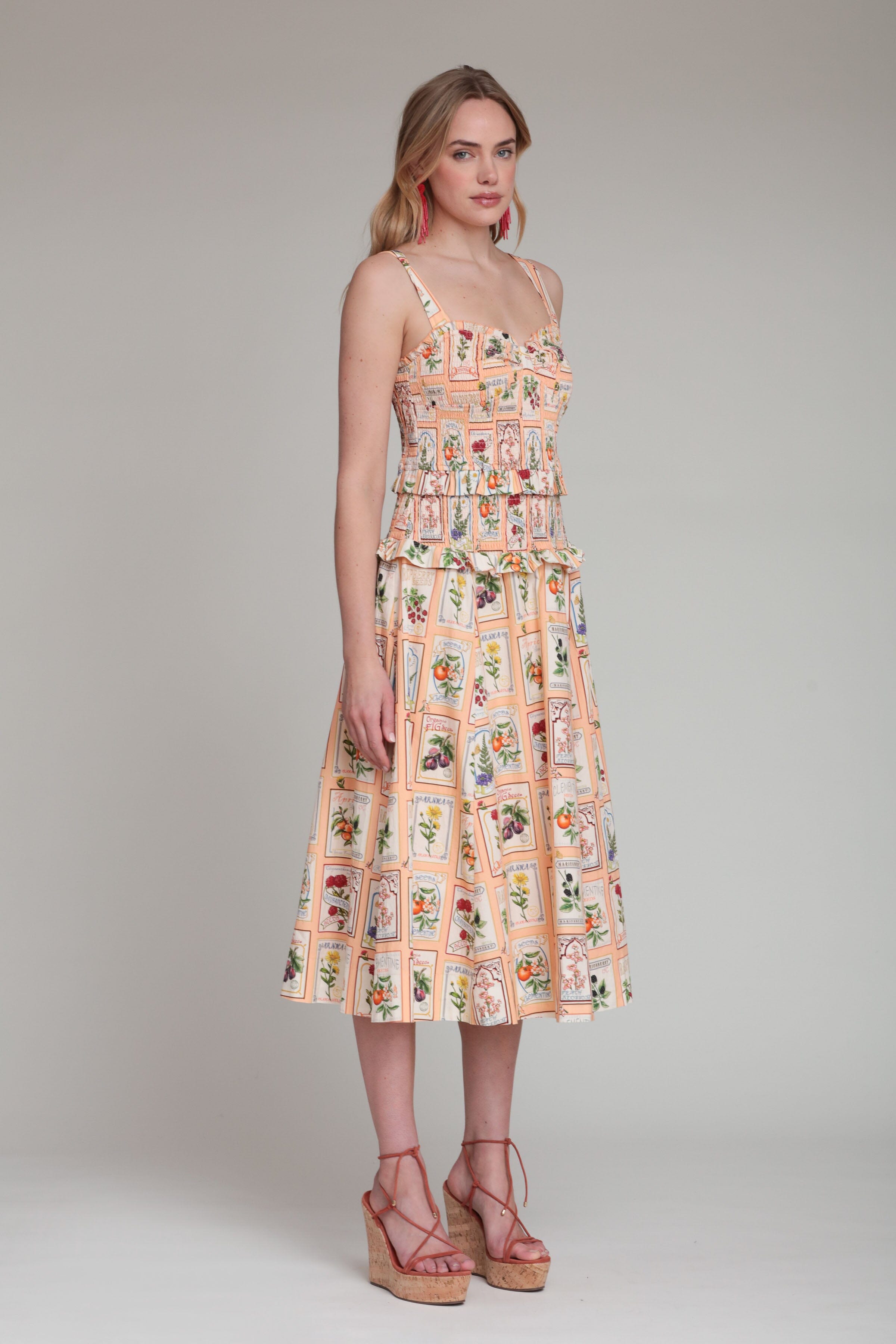 Cotton smocked peach floral midi dress with adjustable shoulder straps - Shop cute midi dresses by Avec Les Filles