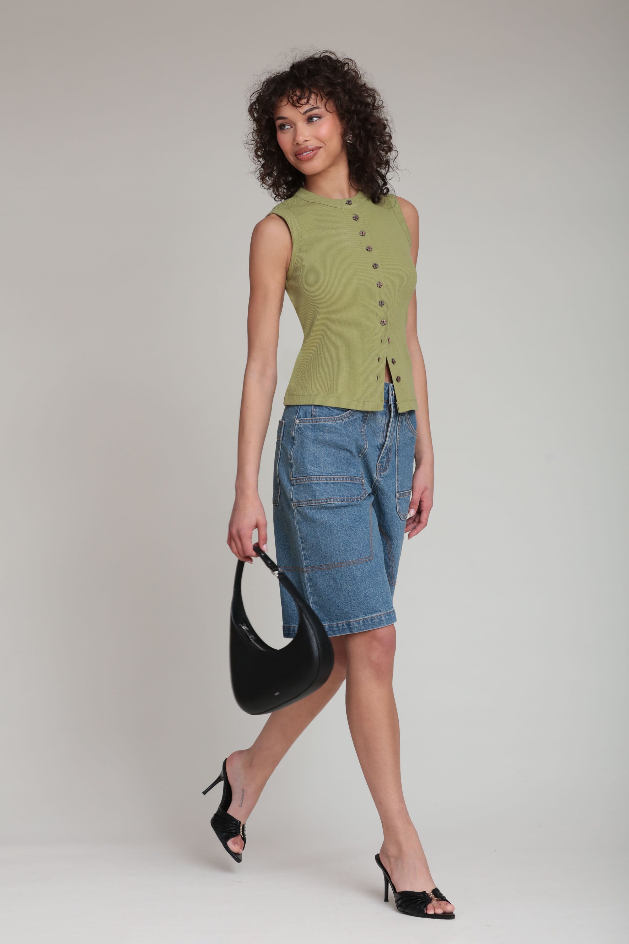Front button ribbed sleeveless green top in cotton - Shop designer women's cute tank tops by Avec Les Filles