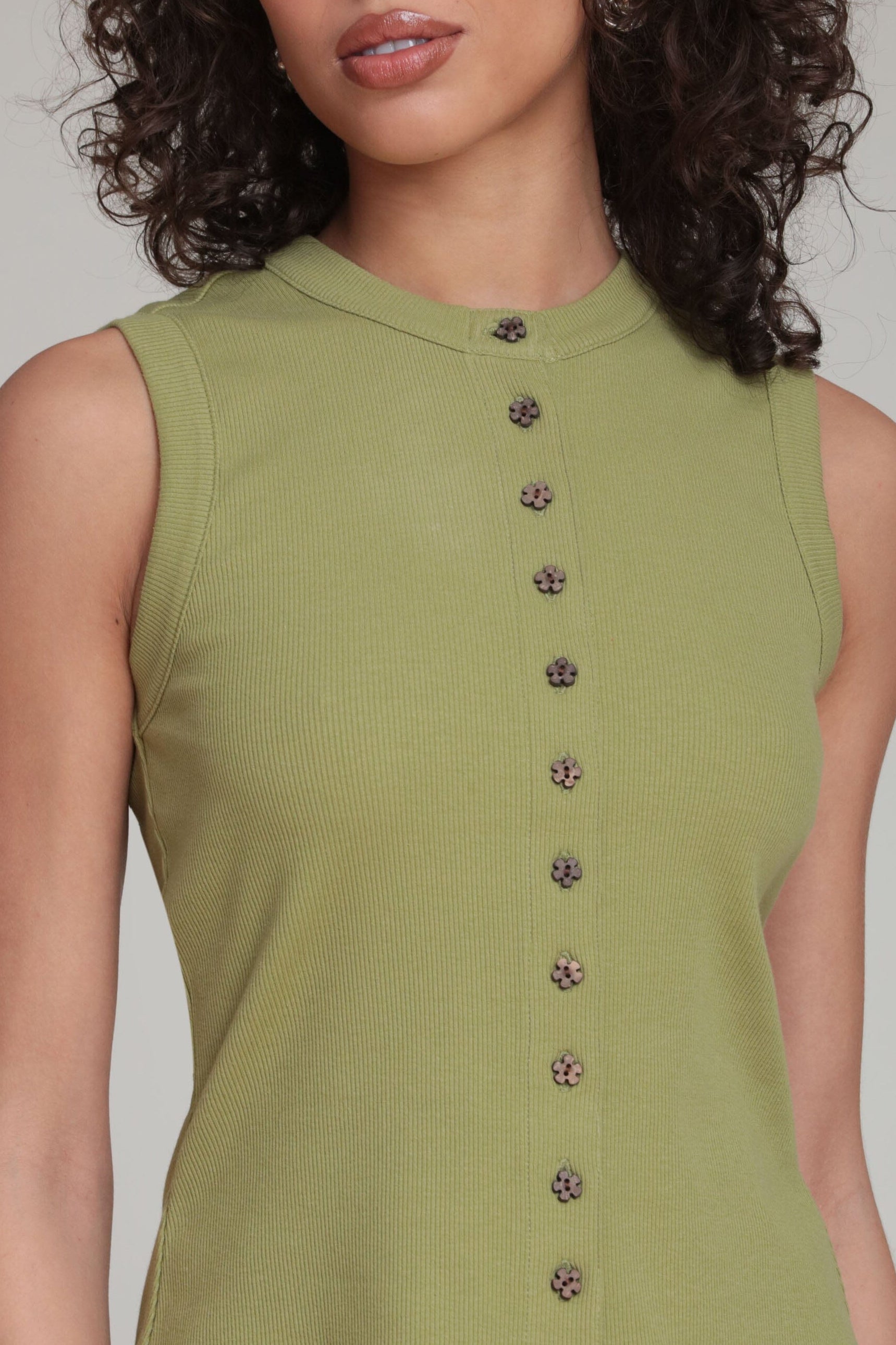 Ribbed sleeveless button-down green tank top in cotton - Shop designer women's cute tank tops by Avec Les Filles