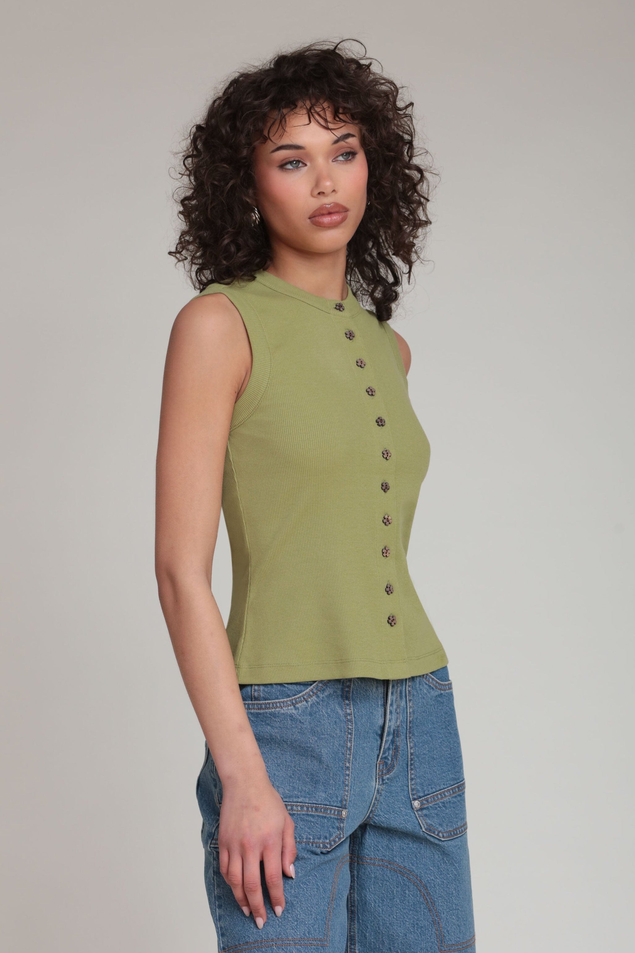 Front button ribbed green sleeveless tank top in cotton - Shop designer women's cute tank tops by Avec Les Filles