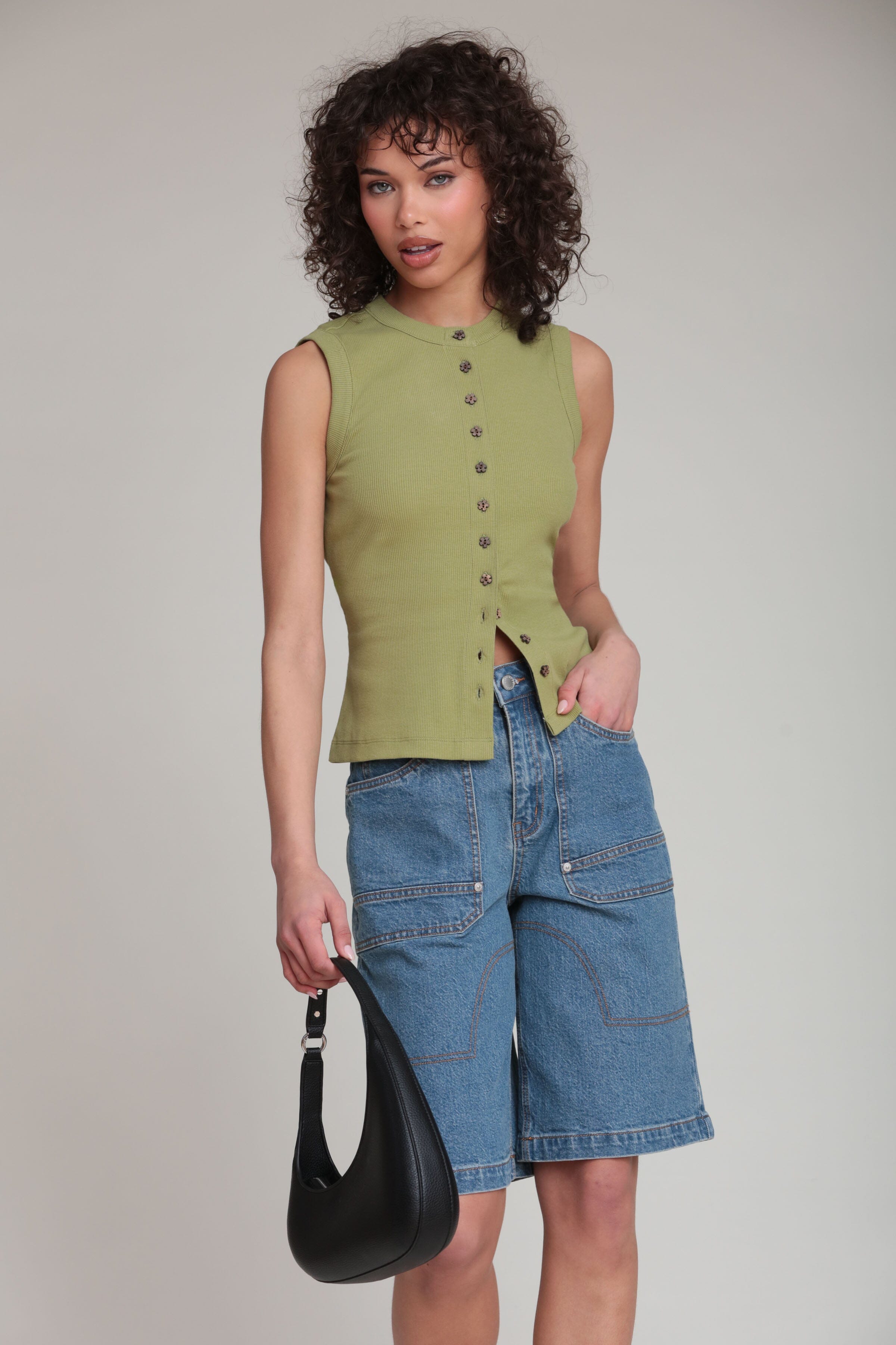 Front button ribbed sleeveless green tank top in cotton - Shop designer women's cute tank tops by Avec Les Filles