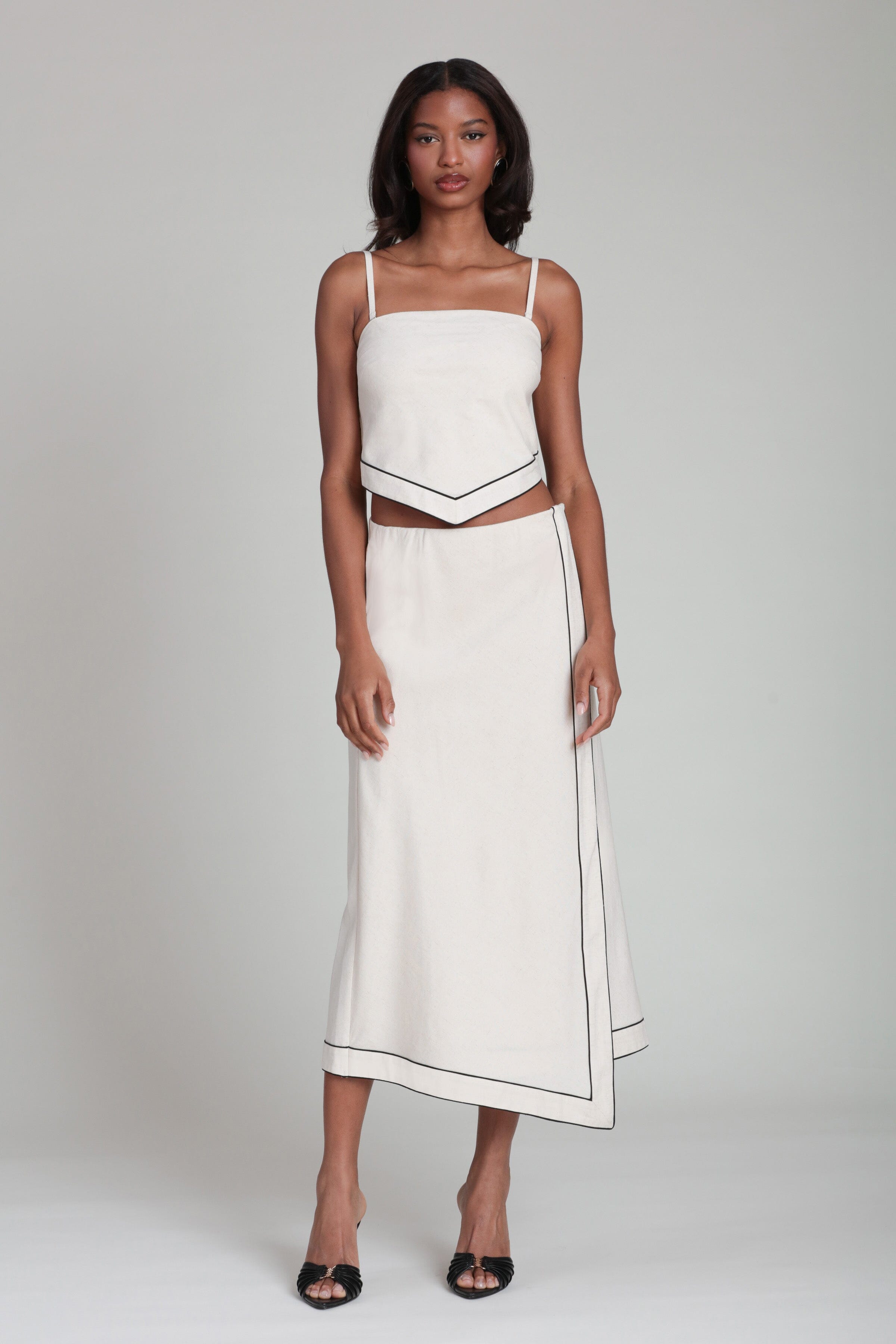 Linen blend faux wrap long white skirt with white crop top - Shop women's cute maxi skirts by Avec Les Filles