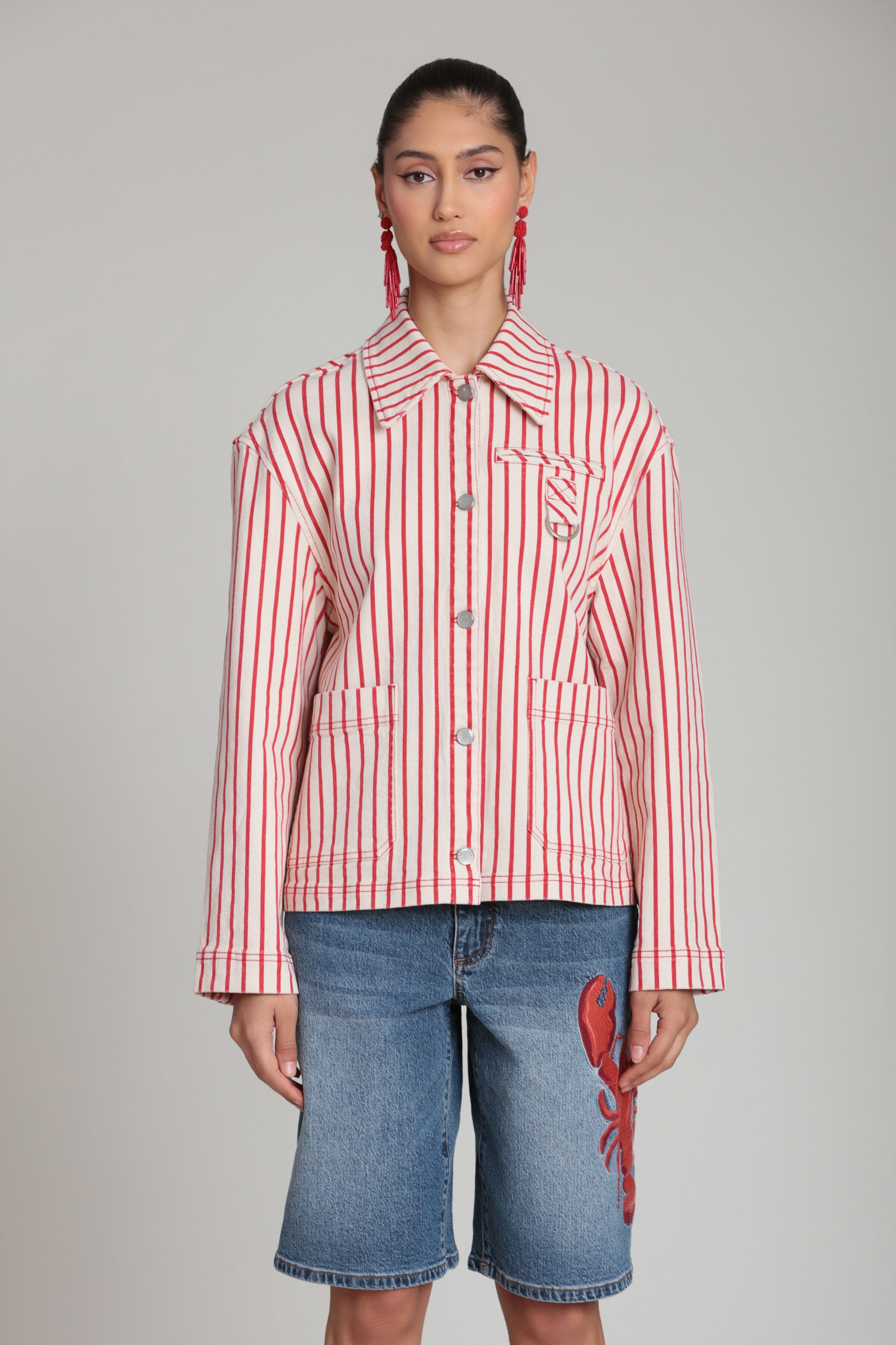 Stretch cotton red striped button down jacket with long sleeves - Shop womens cotton jackets by Avec Les Filles