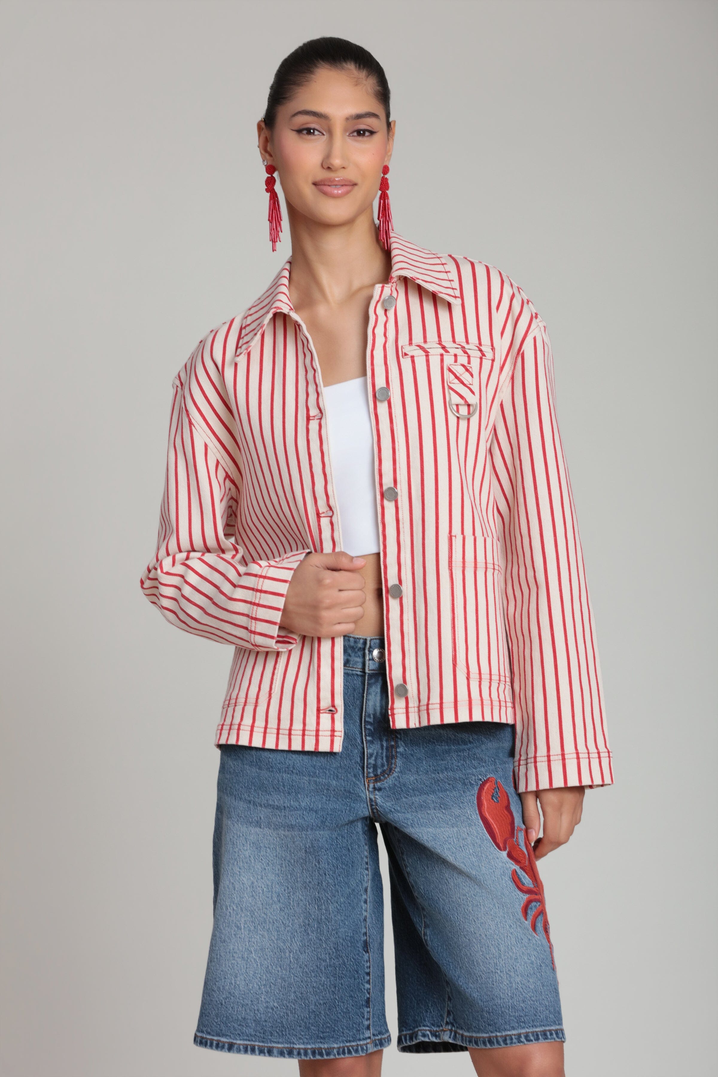 Red striped button down jacket and stripes with long sleeves - Shop womens cotton jackets by Avec Les Filles