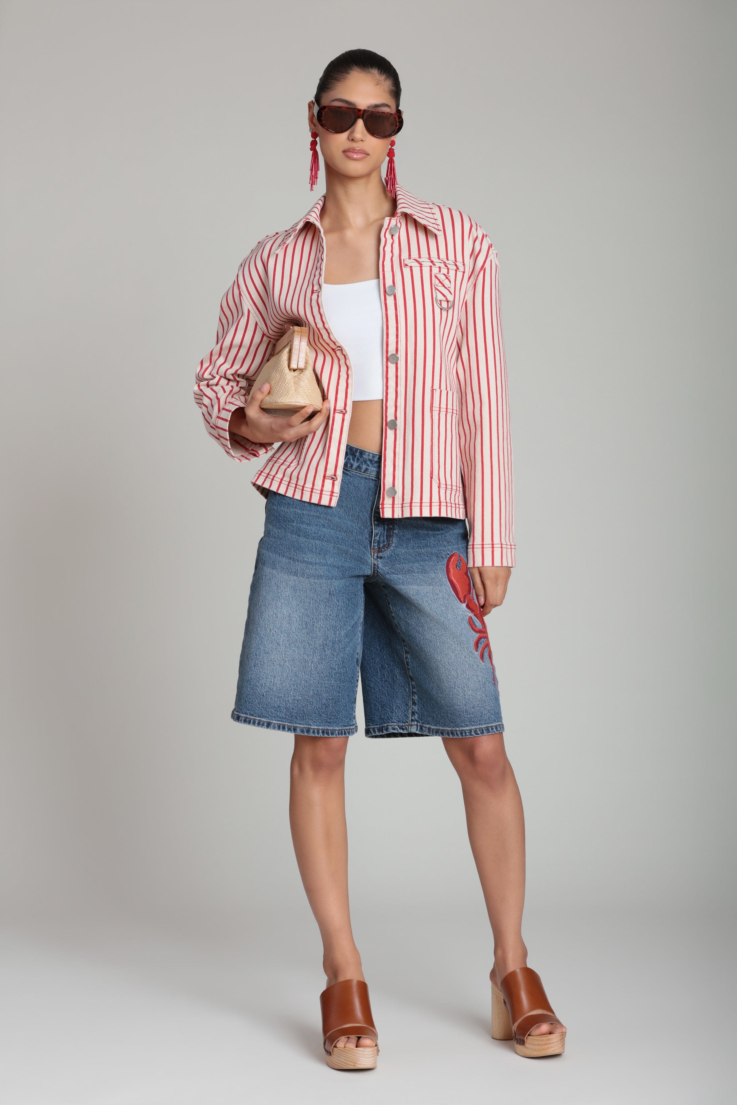 Stretch cotton red striped button down jacket with long sleeves - Shop designer women's jackets by Avec Les Filles