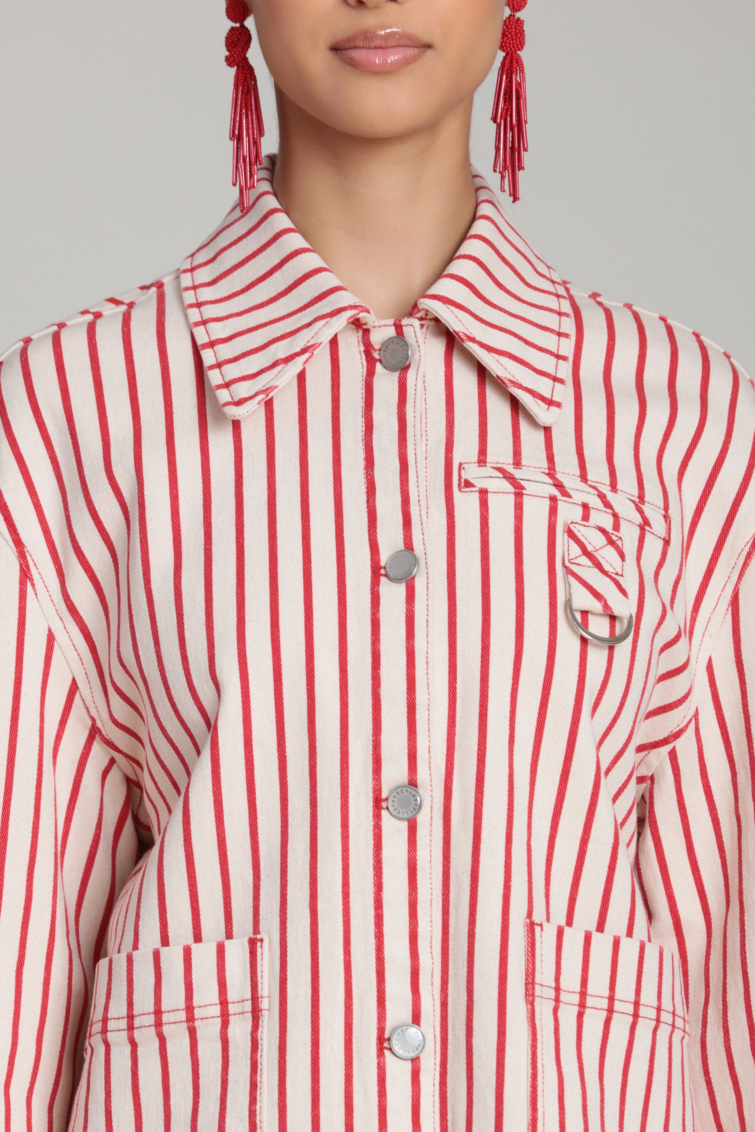 Stretch cotton red striped jacket with long sleeves and a spread collar - Shop womens cotton jackets by Avec Les Filles
