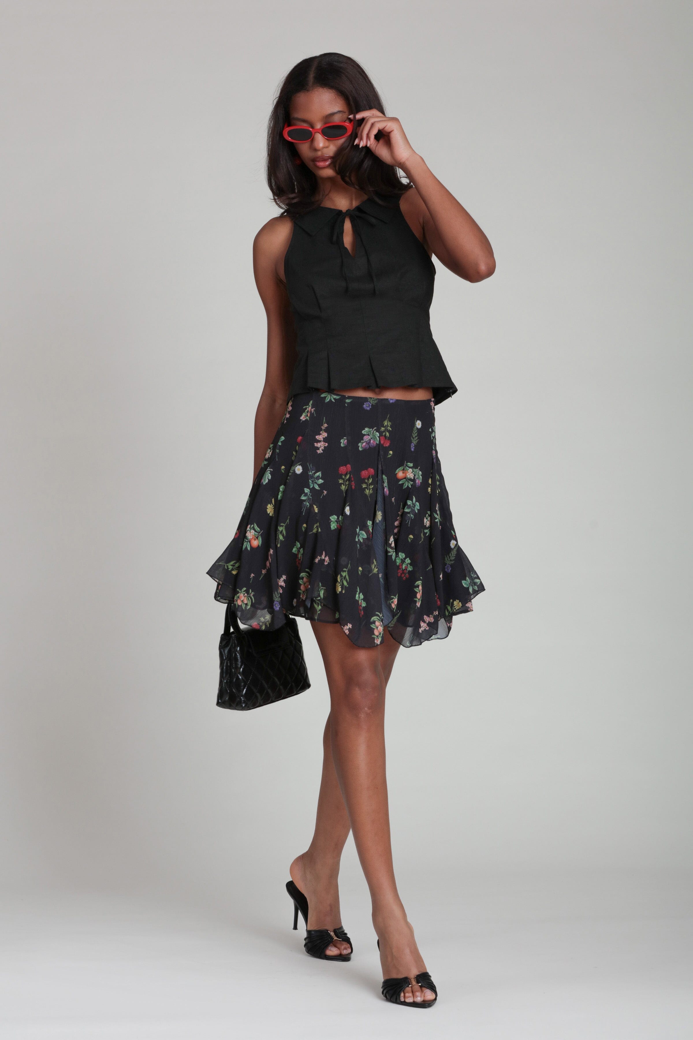 Chiffon floral mini skirt with asymmetric and tiered ruffle - Shop designer women's cute black mini skirts by Avec Les Filles