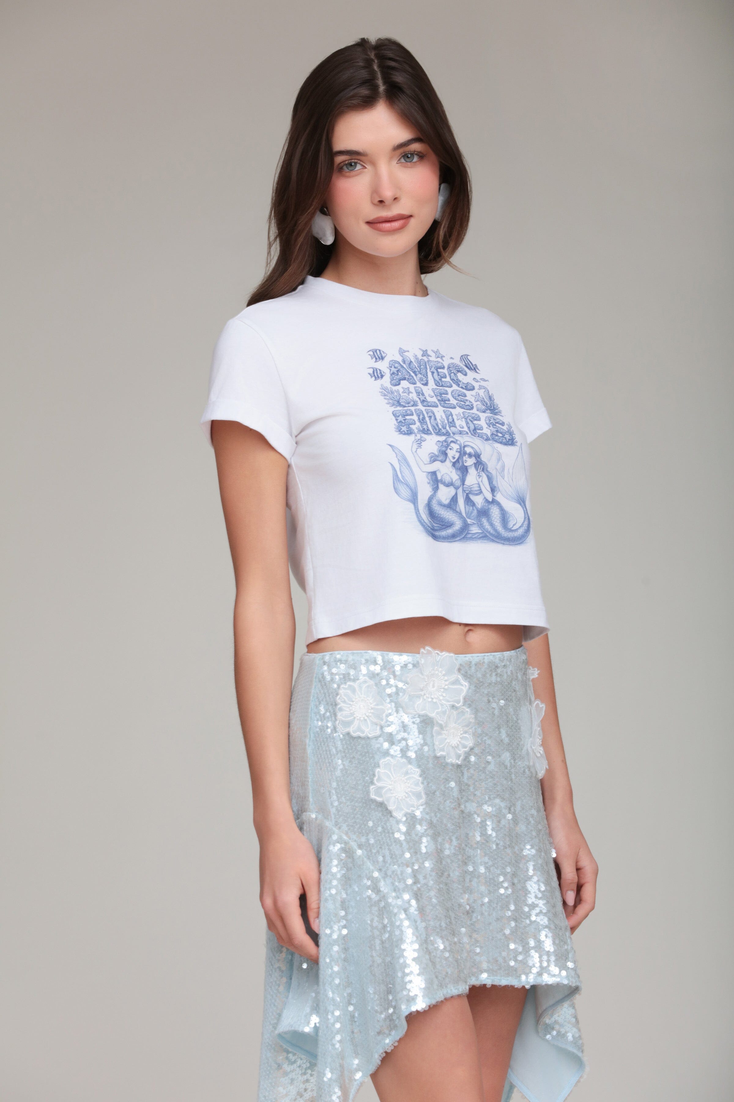 Mermaid logo graphic cotton white cropped tshirt with sequined skirt - Shop womens graphic tshirts by Avec Les Filles
