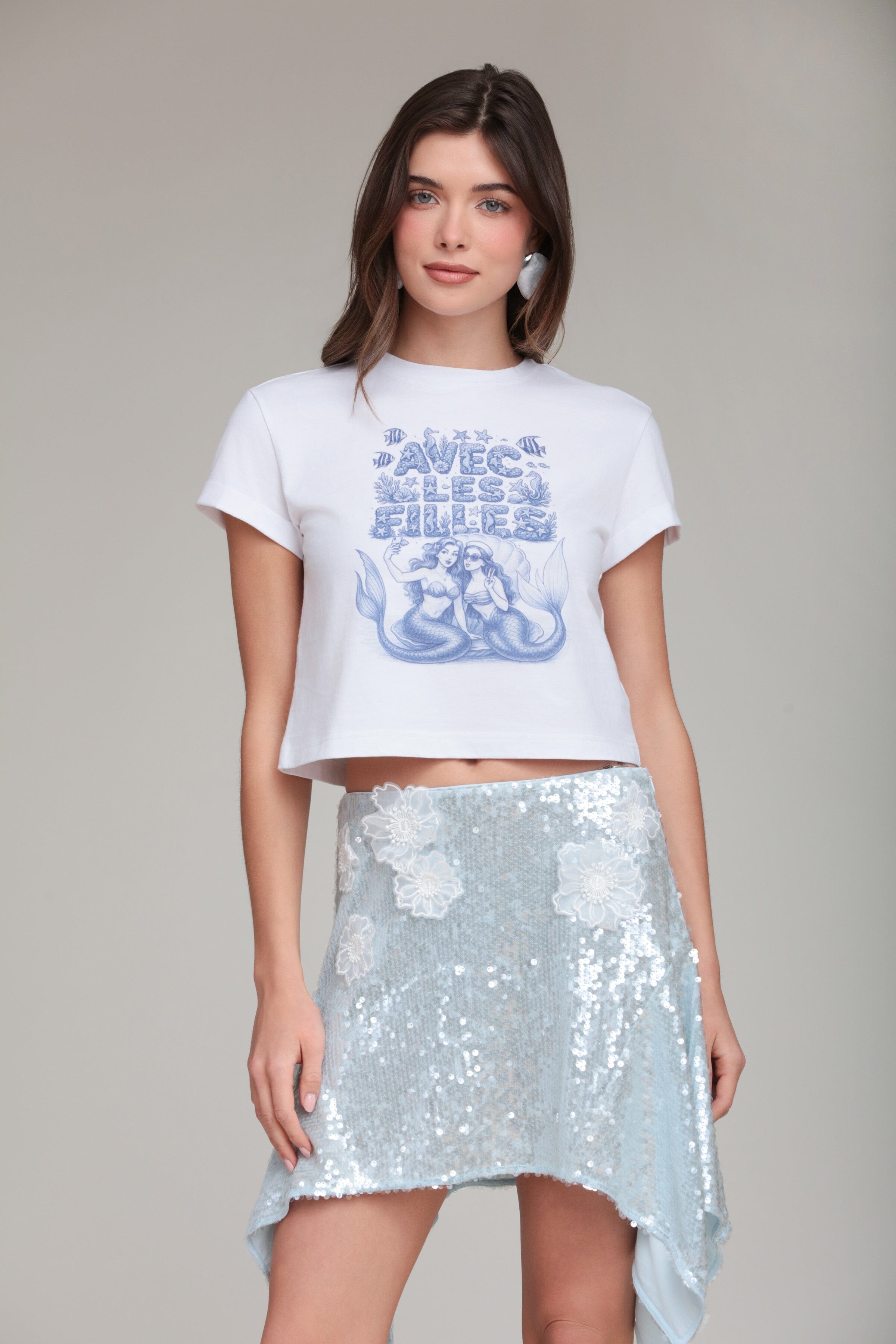 Mermaid logo graphic cotton white cropped tshirt with sequin skirt - Shop womens graphic tshirts by Avec Les Filles