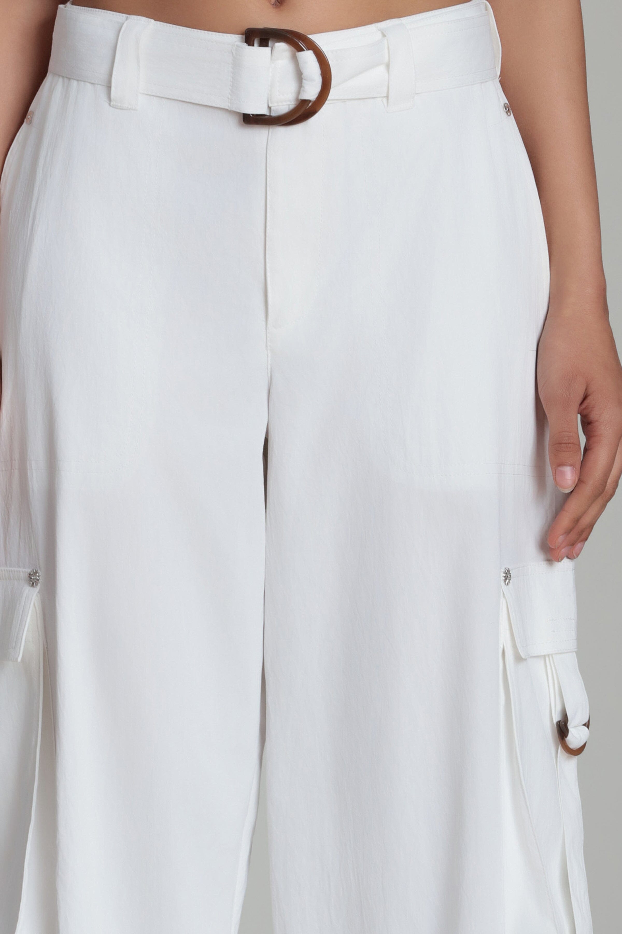 Womens wide legged white pants with a belt - Shop designer cute white cargo pants by Avec Les Filles