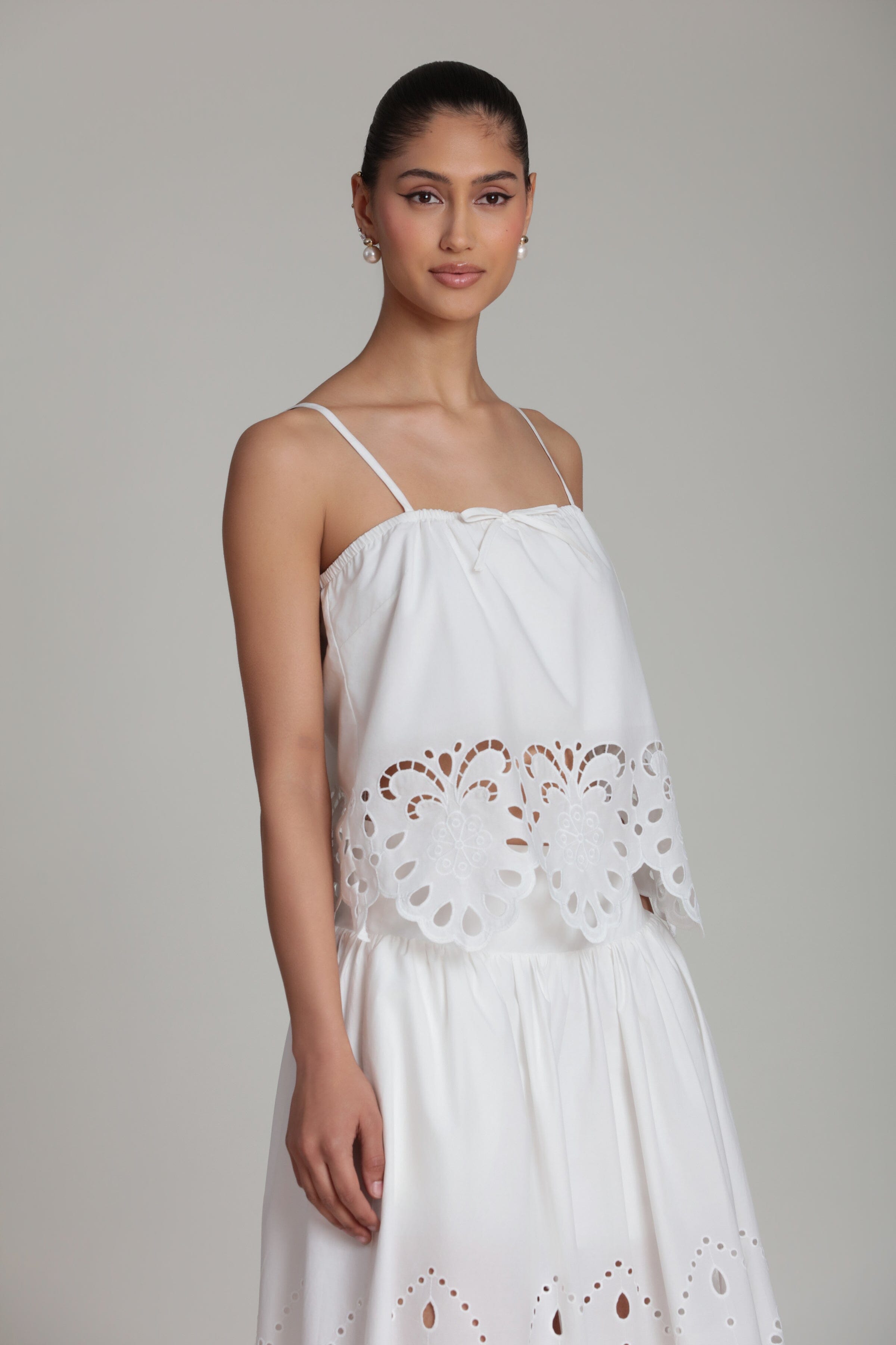 Cotton white sleeveless embroidered top with adjustable spaghetti straps - Shop women's cute cami tops by Avec Les Filles