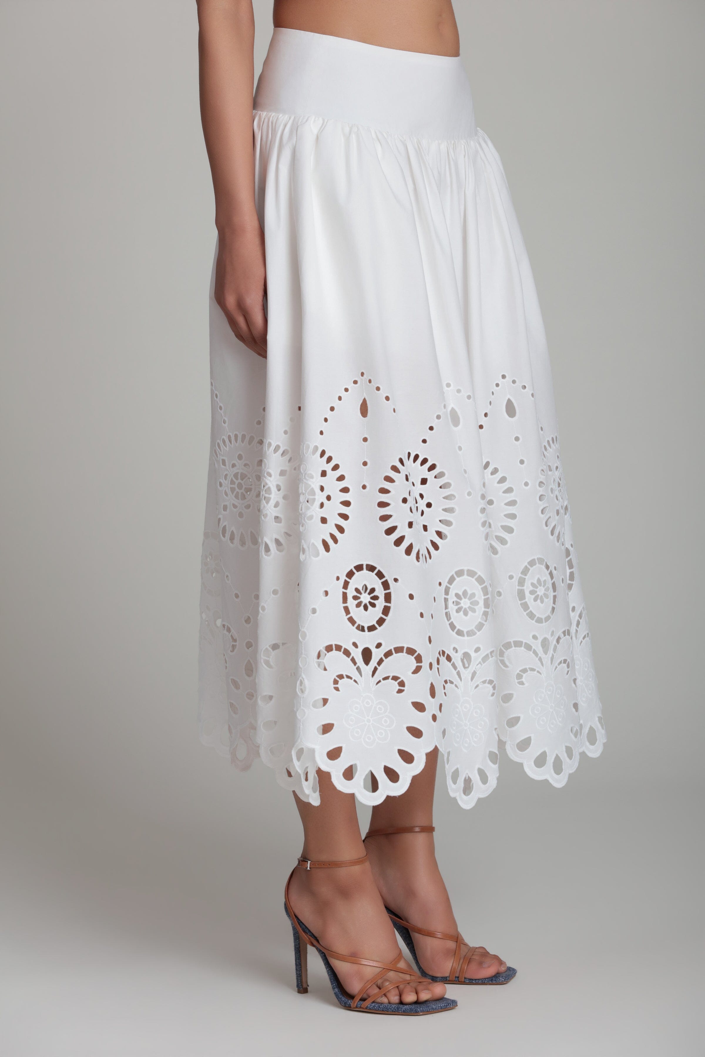 cotton embroidered white flowy midi skirt - Shop designer women's cute white midi skirts by Avec Les Filles