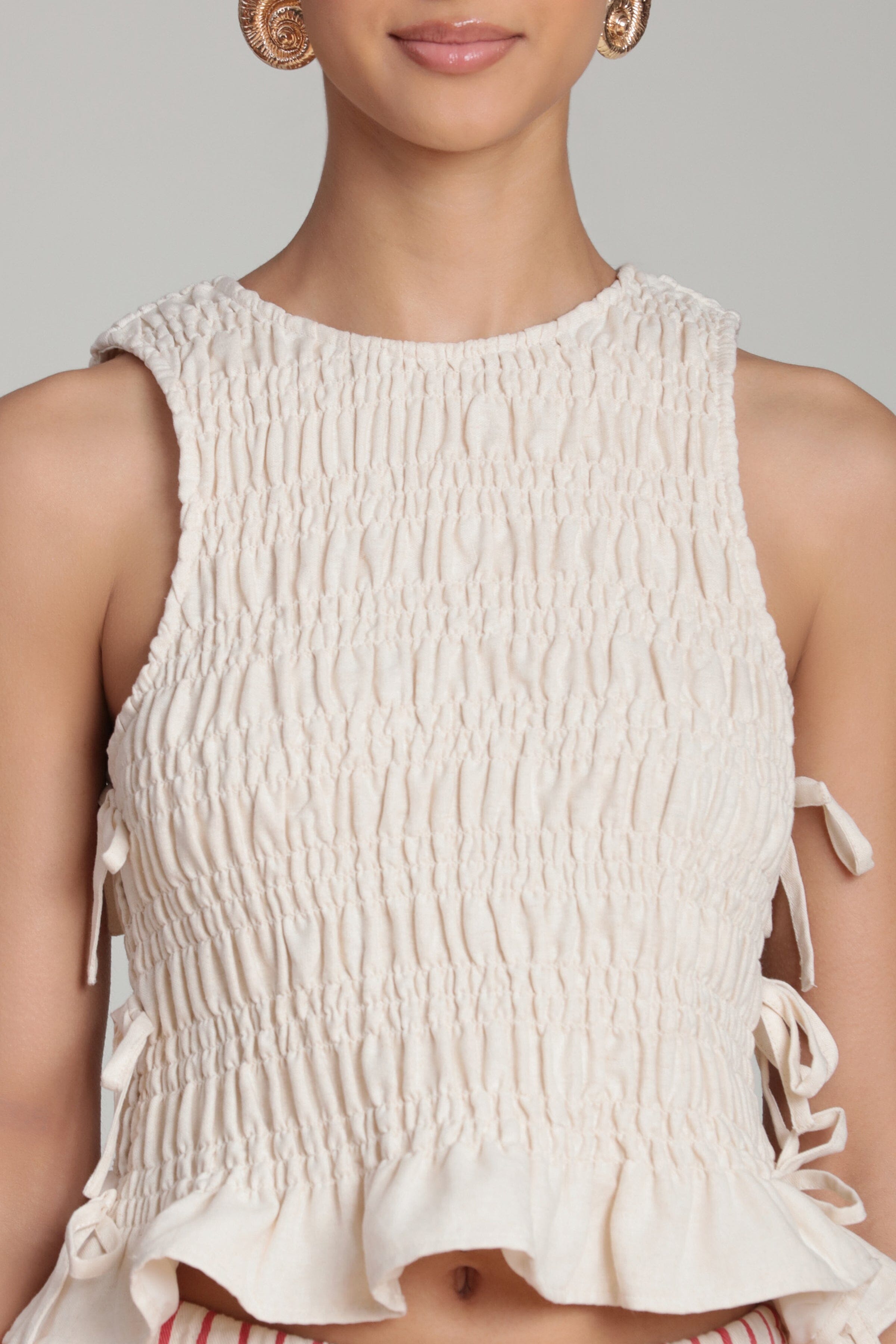 Linen blend sleeveless cream side tie tank top - Shop designer women's cute ruffle tops by Avec Les Filles.