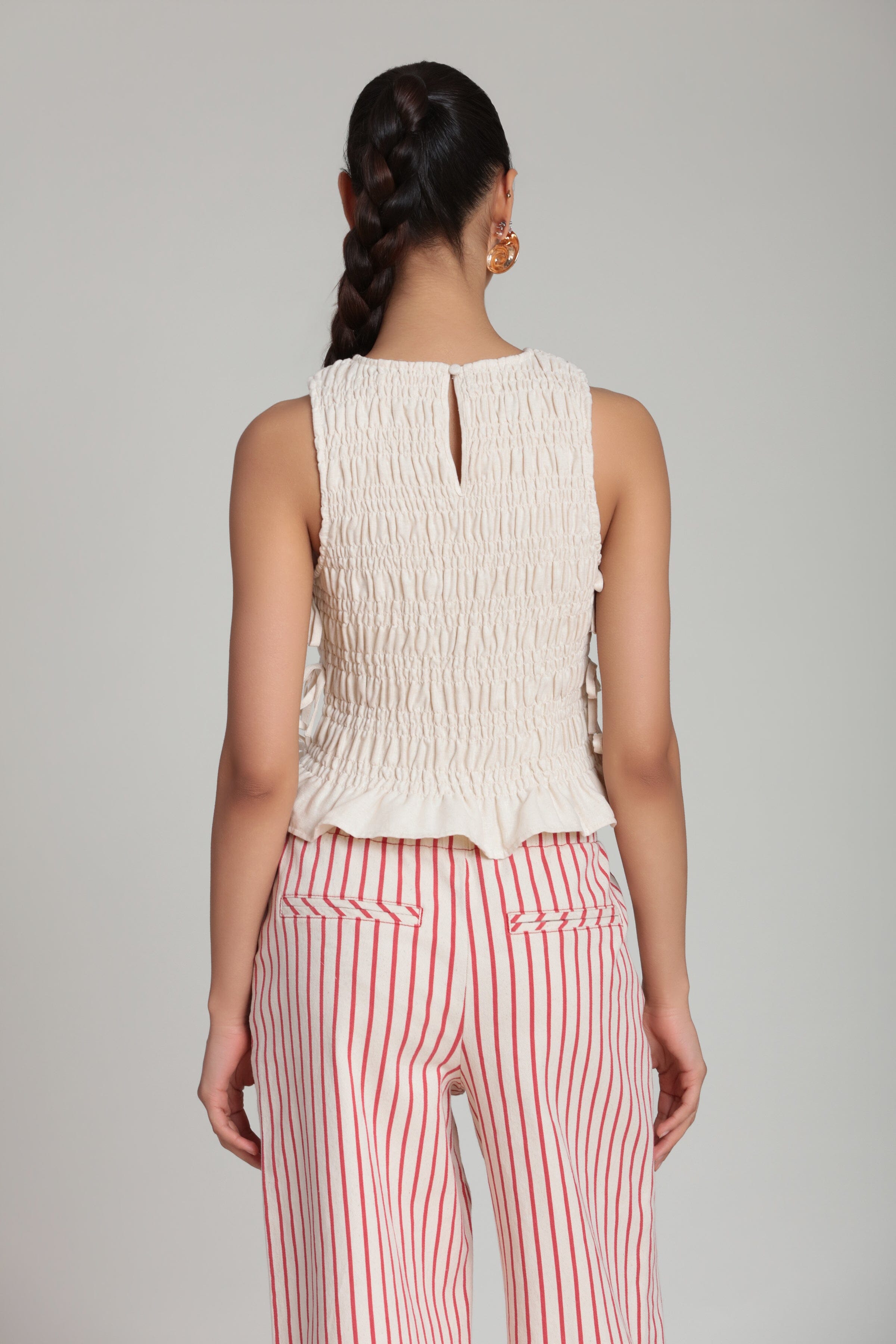 Linen blend sleeveless cream tie side tank top - Shop designer women's cute ruffle tops by Avec Les Filles.