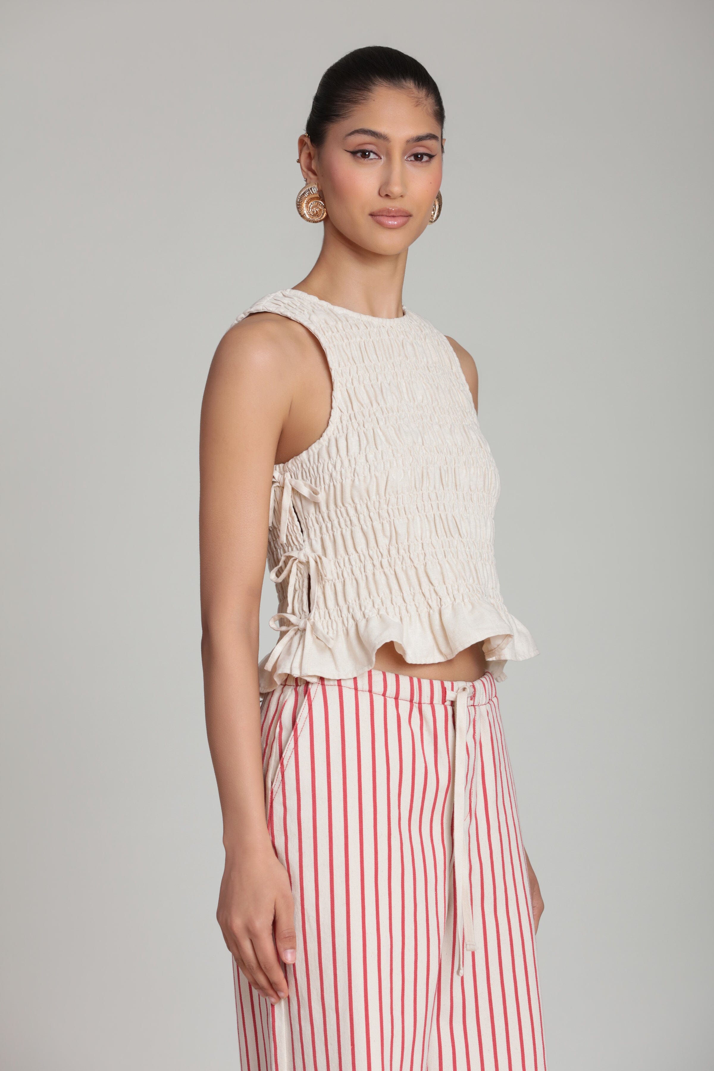 Linen blend side-tie sleeveless high neck tank tops - Shop designer women's cute ruffle tops by Avec Les Filles.