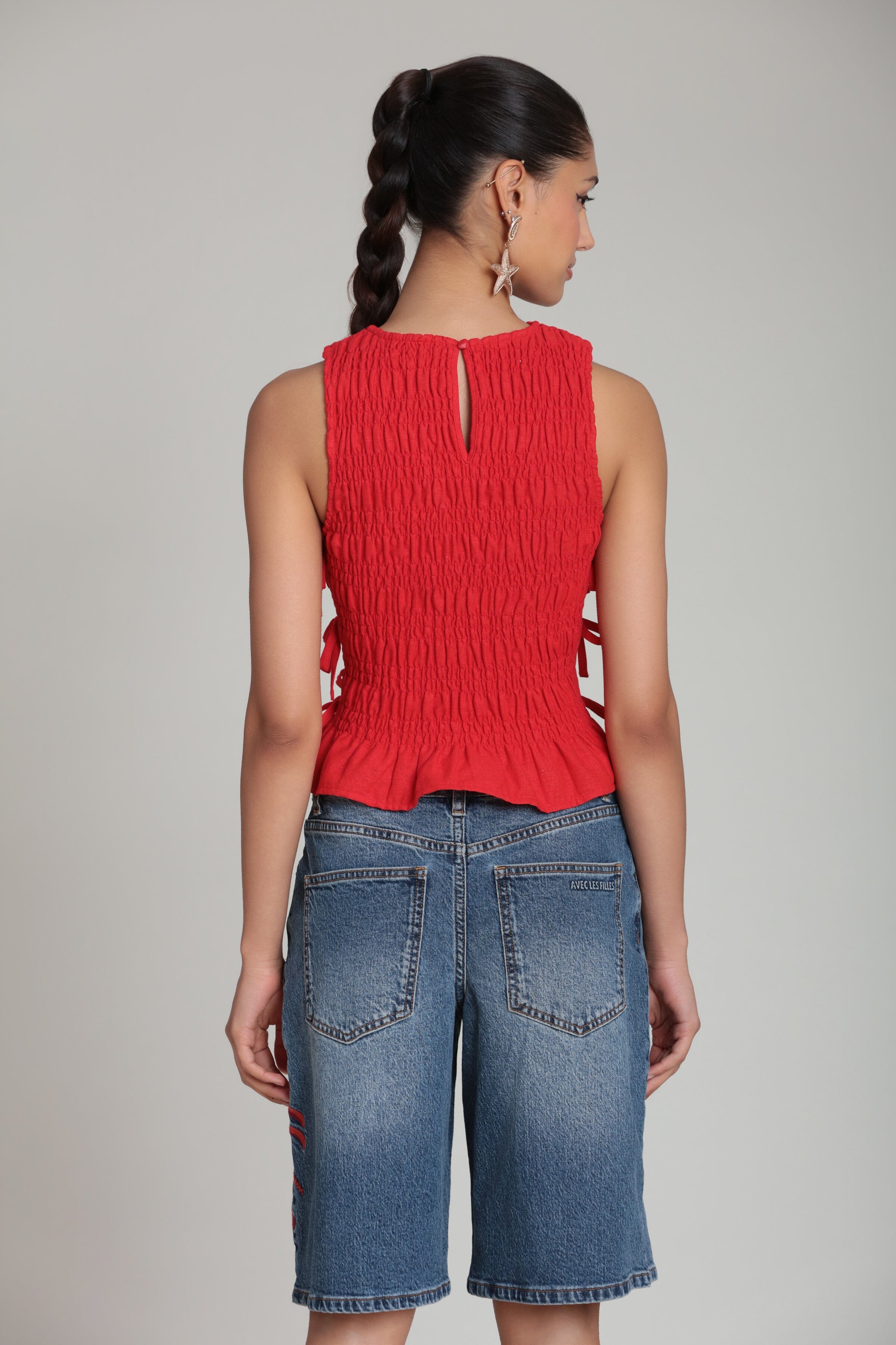 Linen blend sleeveless red side-tie tank top - Shop designer women's cute tank tops by Avec Les Filles