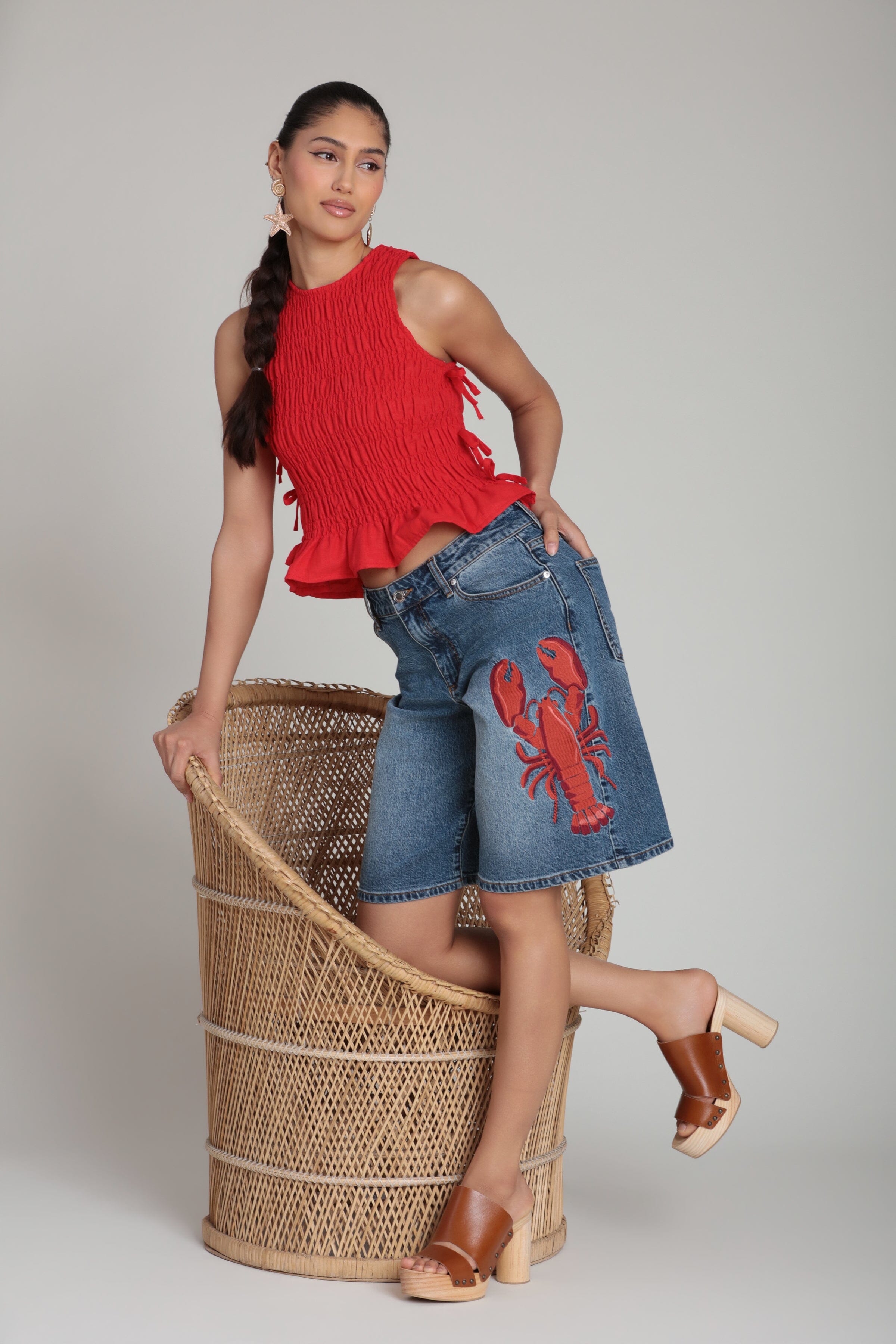 Linen blend side-tie sleeveless red ruffle tank top with lobster shorts women - Shop women's cute tank tops by Avec Les Filles