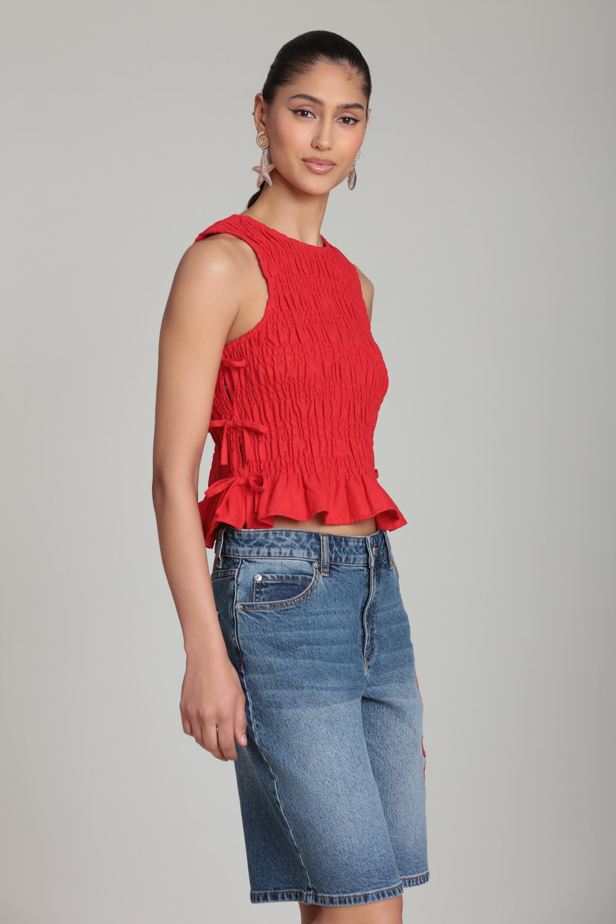 sleeveless smocked top womens in linen blend - Shop designer women's cute tank tops by Avec Les Filles