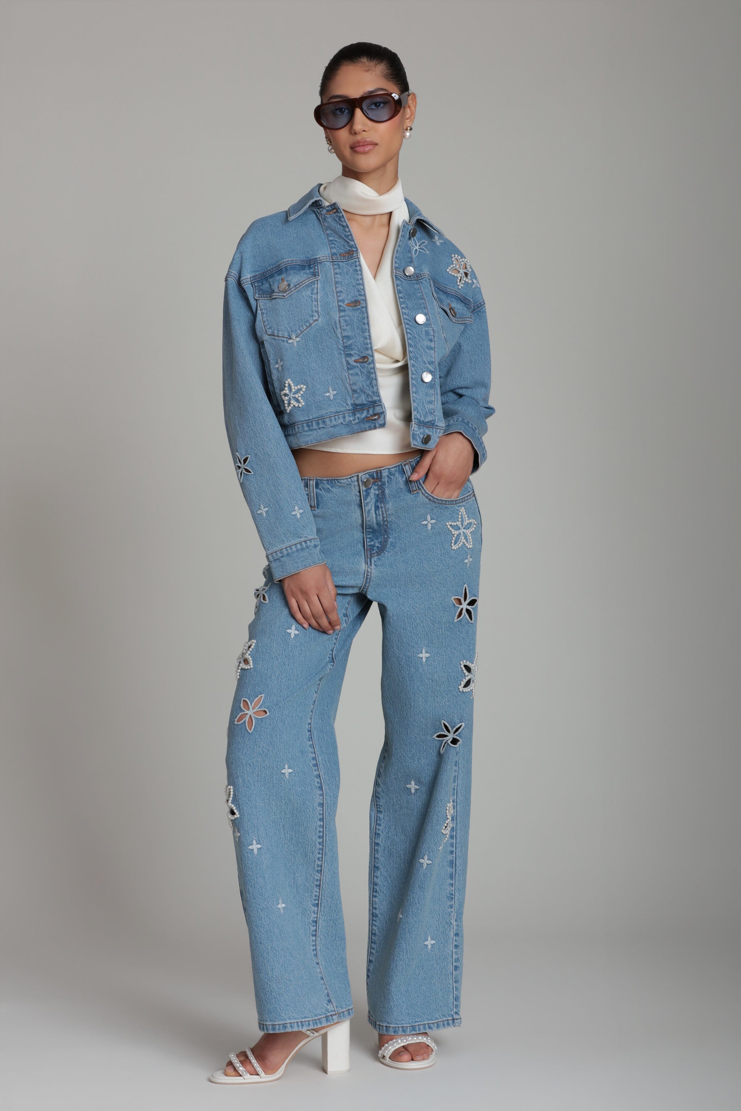 Pearl wide leg embroidered jeans with mid-rise and pockets - Shop embroidered denim jeans for women by Avec Les Filles