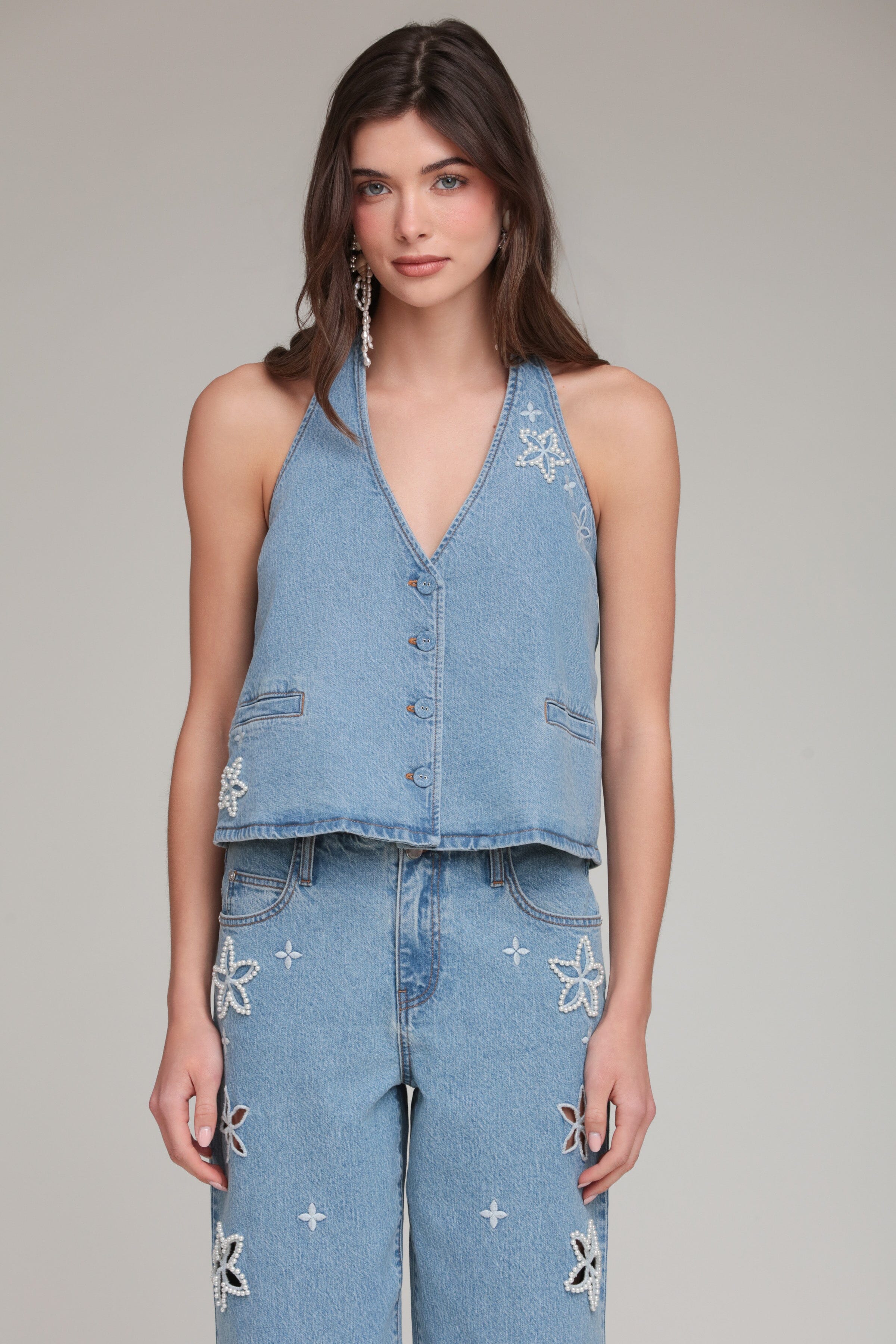 Pearl front-button denim vest for women in cotton blend with halter neck - Shop cute denim vests by Avec Les Filles