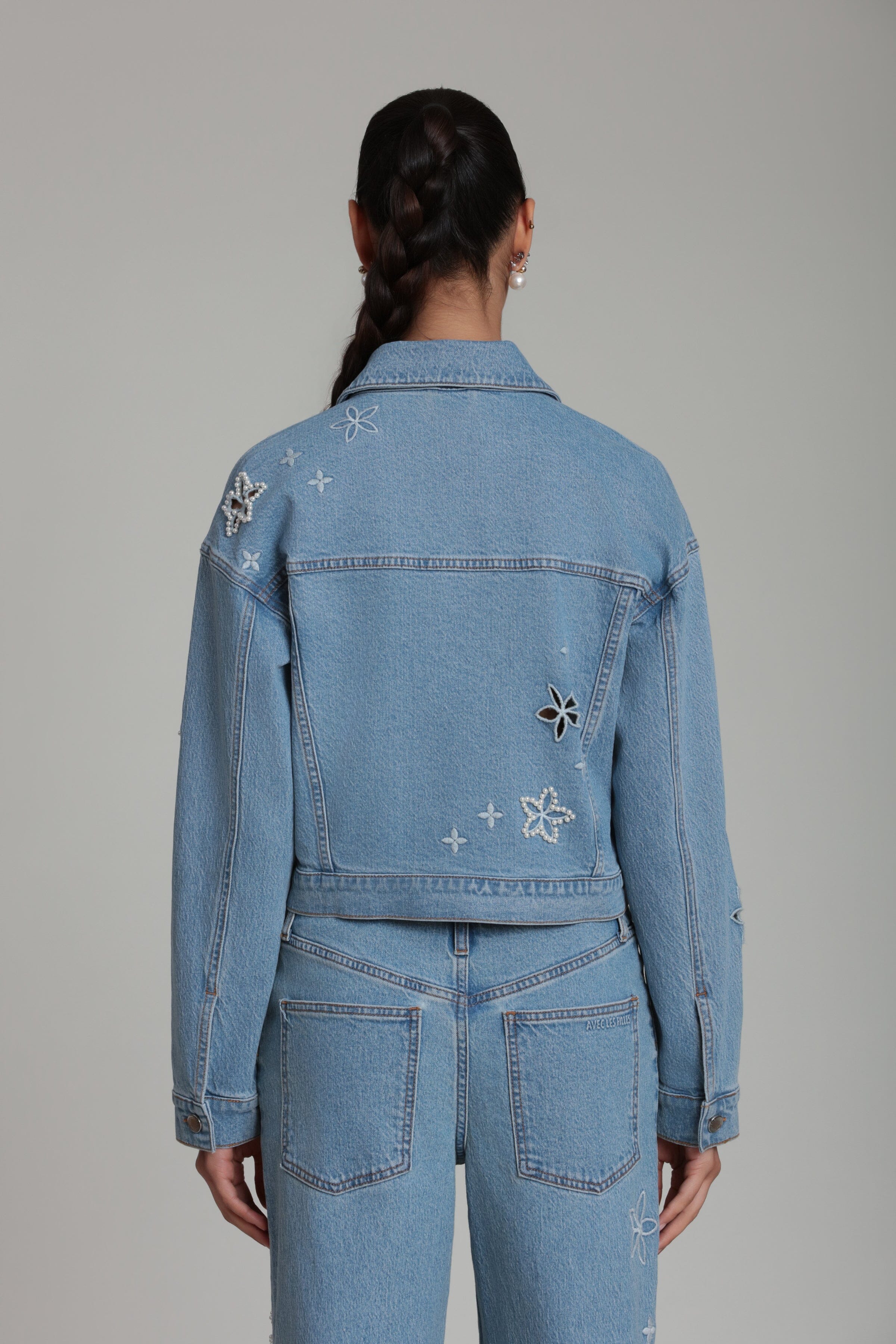 Floral embroidered denim jacket with long sleeves in cotton blend - womens cropped denim jacket by Avec Les Filles.