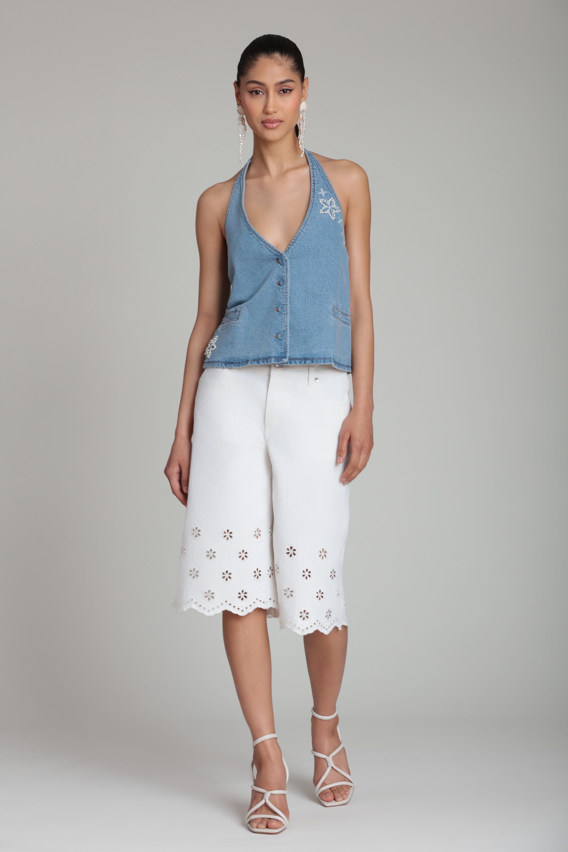 Eyelet embroidered stretch denim white bermuda shorts - Shop designer women's white bermuda shorts by Avec Les Filles