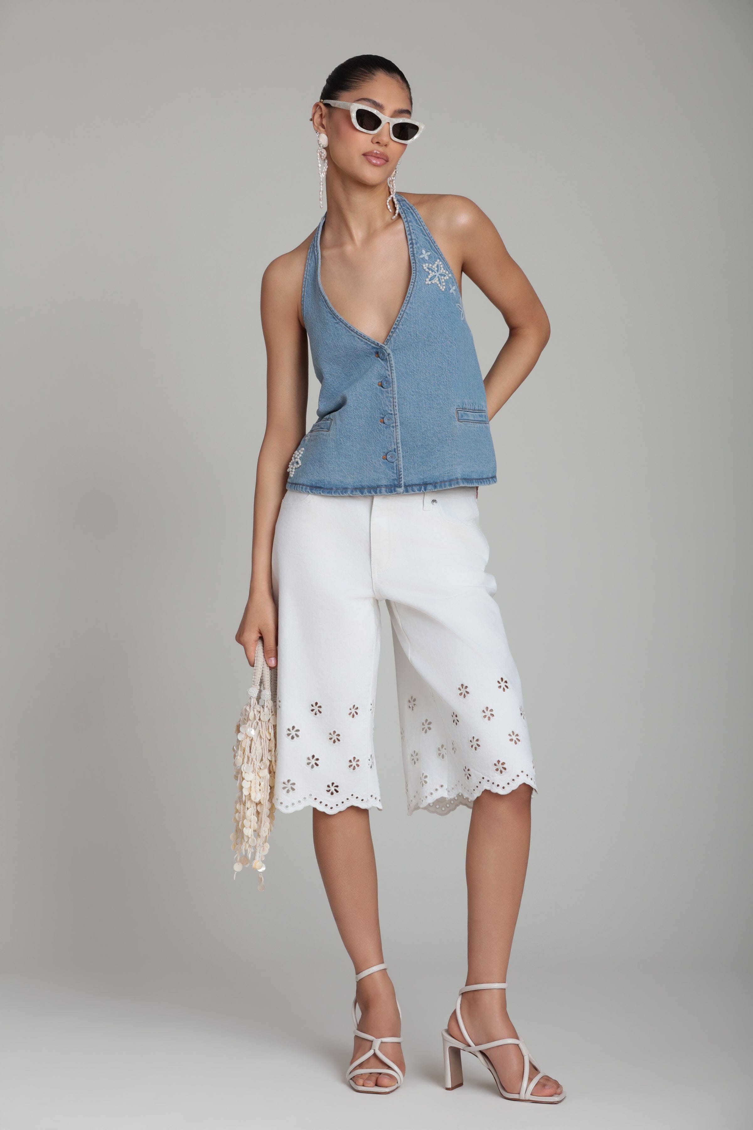 Eyelet embroidered stretch denim white bermuda shorts - Shop designer women's white bermuda shorts by Avec Les Filles