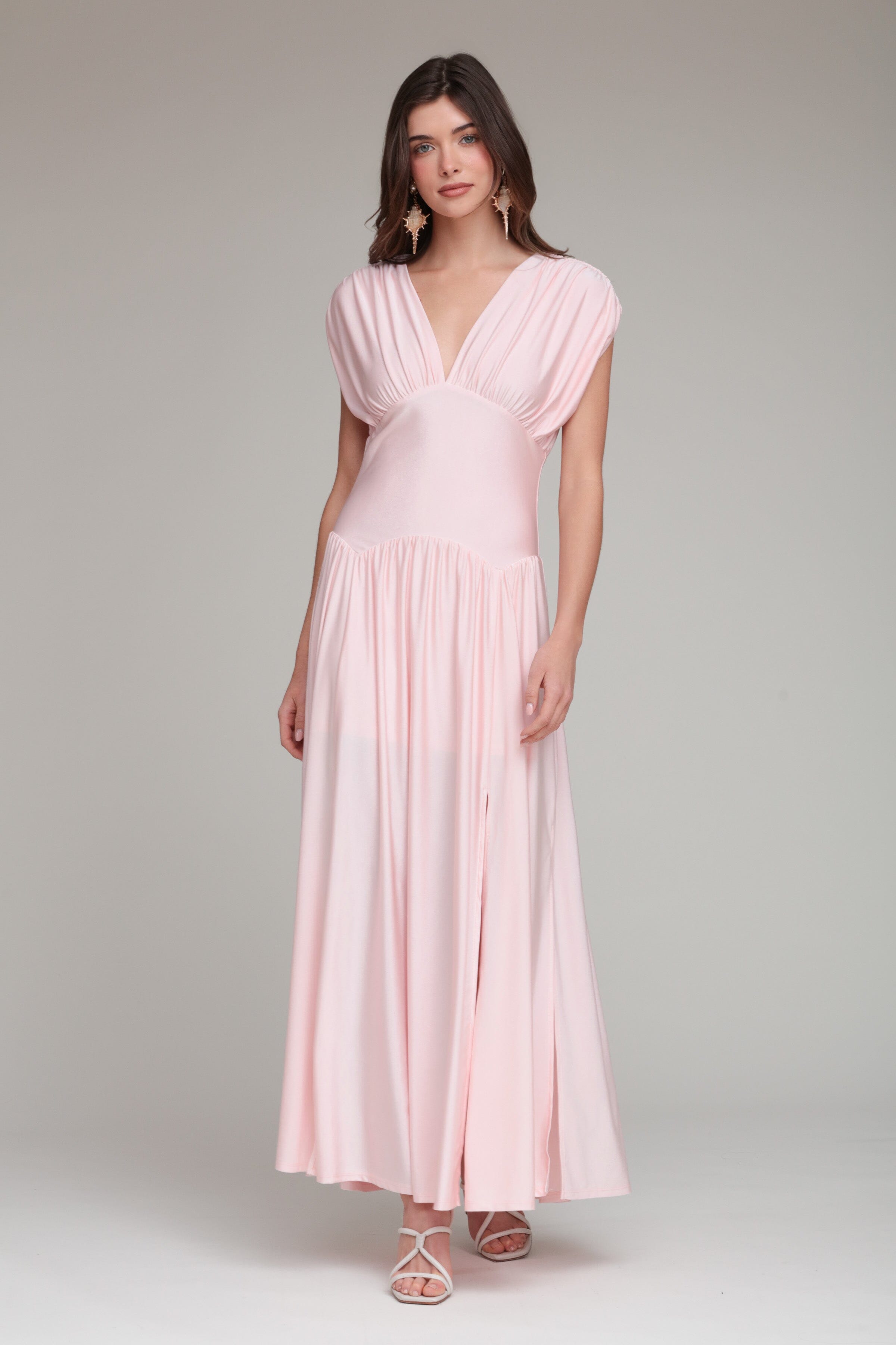 Blush pink maxi dress with a deep V-neck and cap sleeves - Shop women's cute maxi dresses by Avec Les Filles