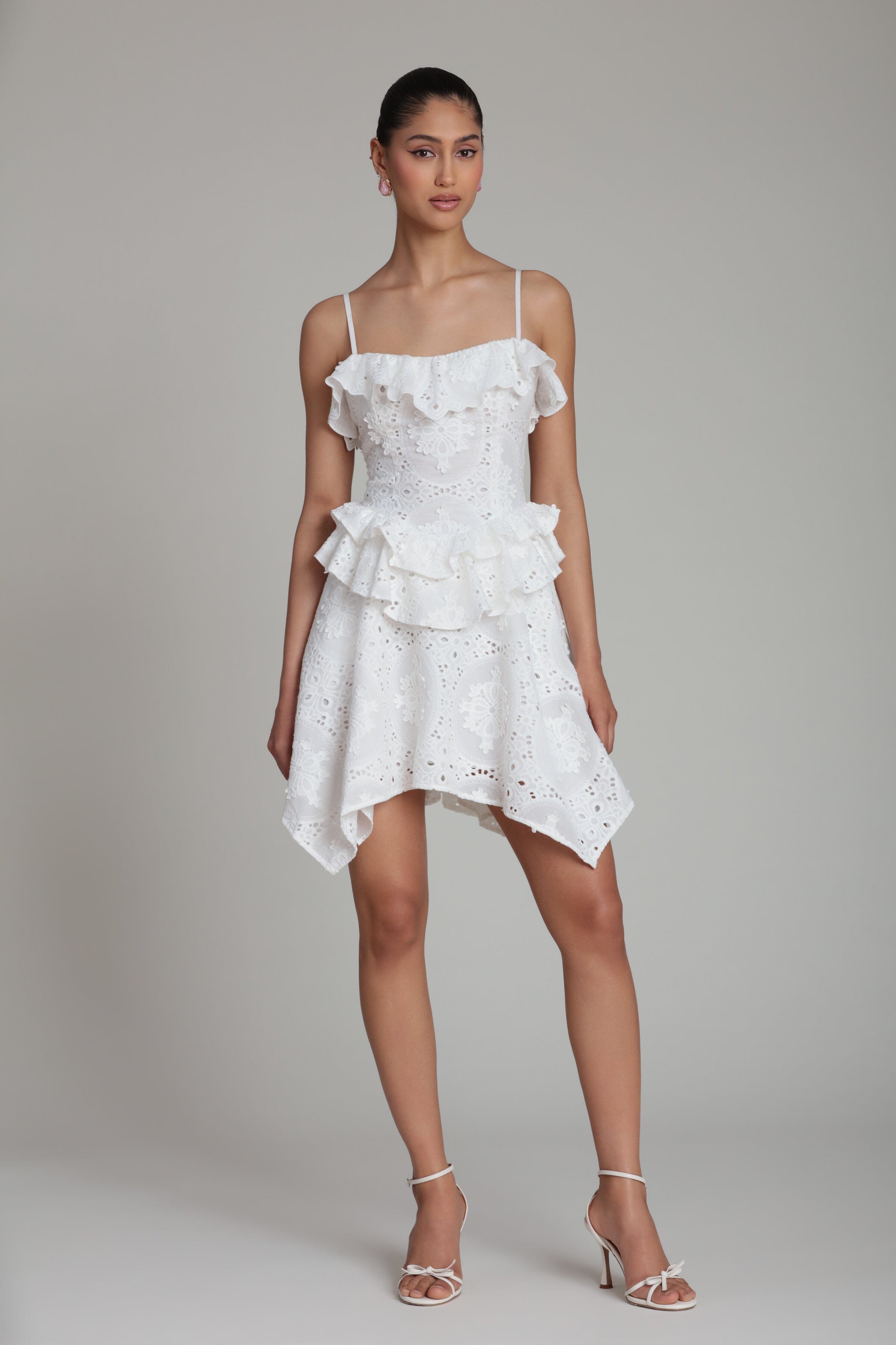 Ruffle white mini dress with adjustable spaghetti straps - Shop designer women's cute mini dresses by Avec Les Filles