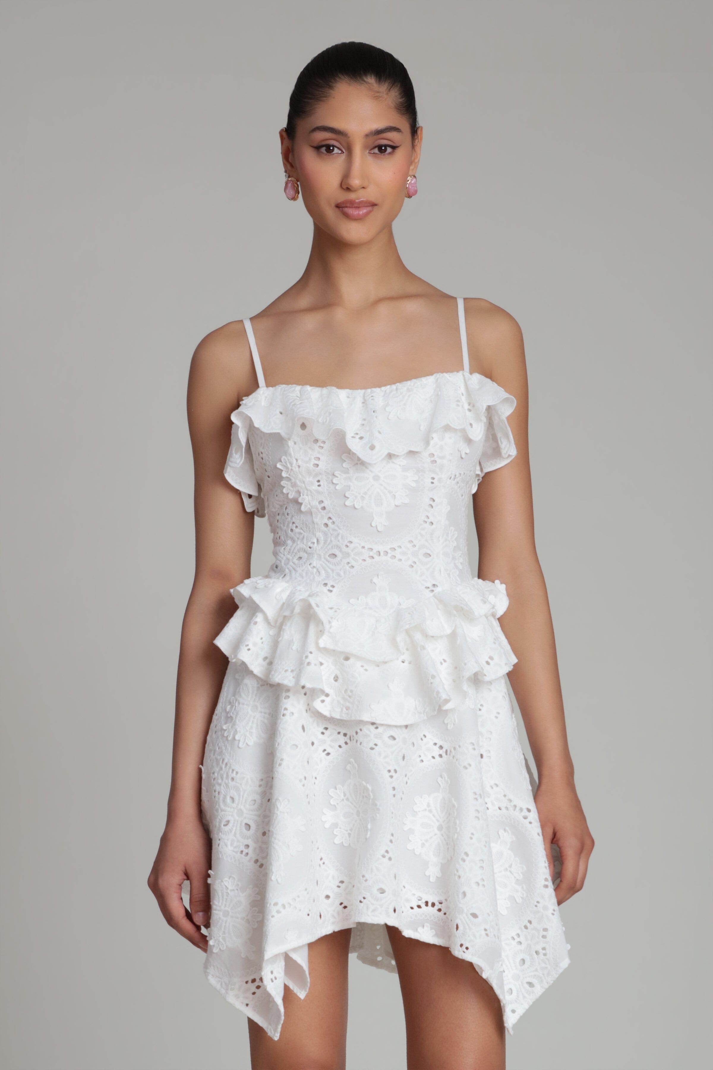 Cotton ruffle white mini dress with adjustable spaghetti straps by Avec Les Filles