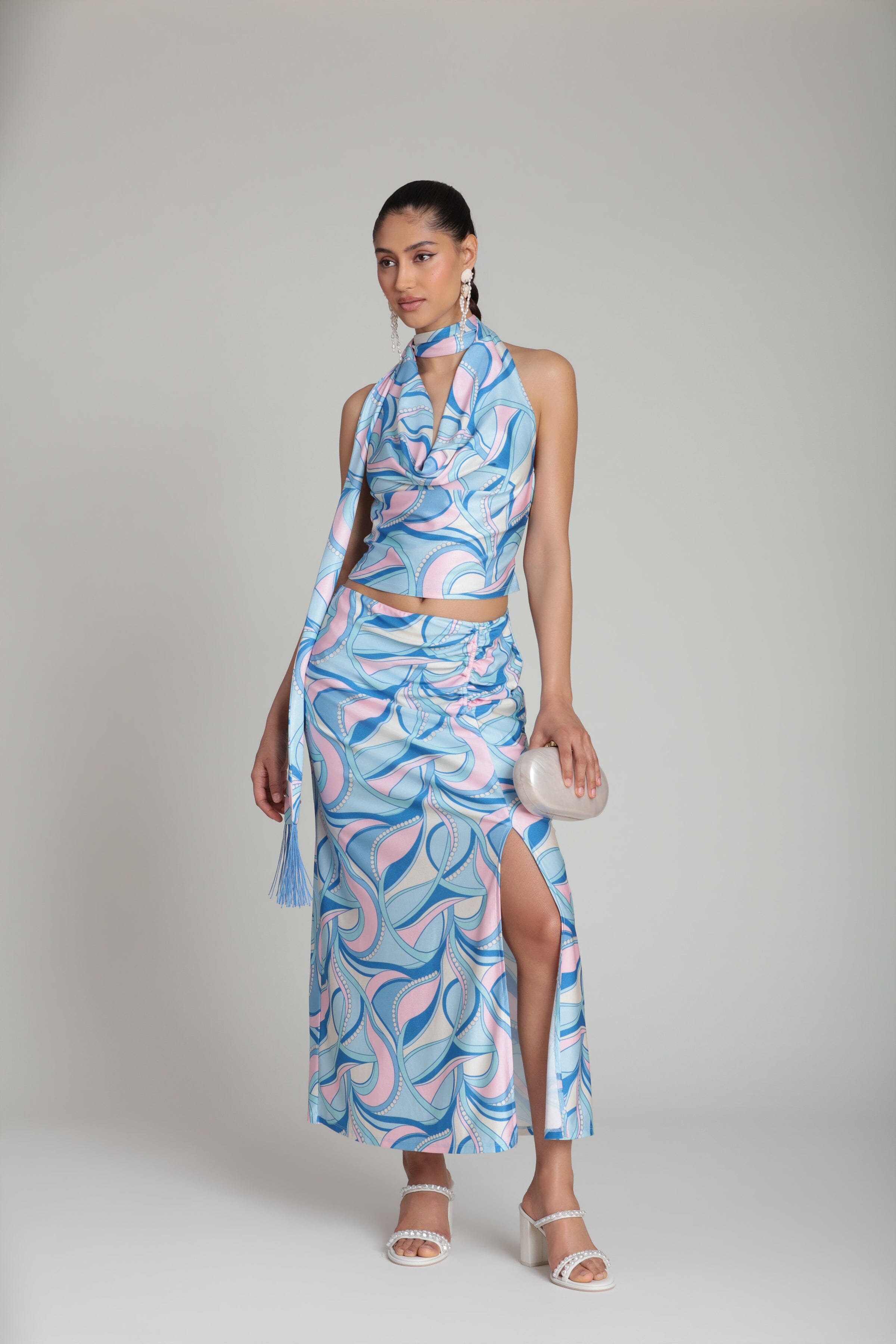 Satin sleeveless blue paisley halter top with cowl neck and scarf tie - Shop women's satin tops by Avec Les Filles