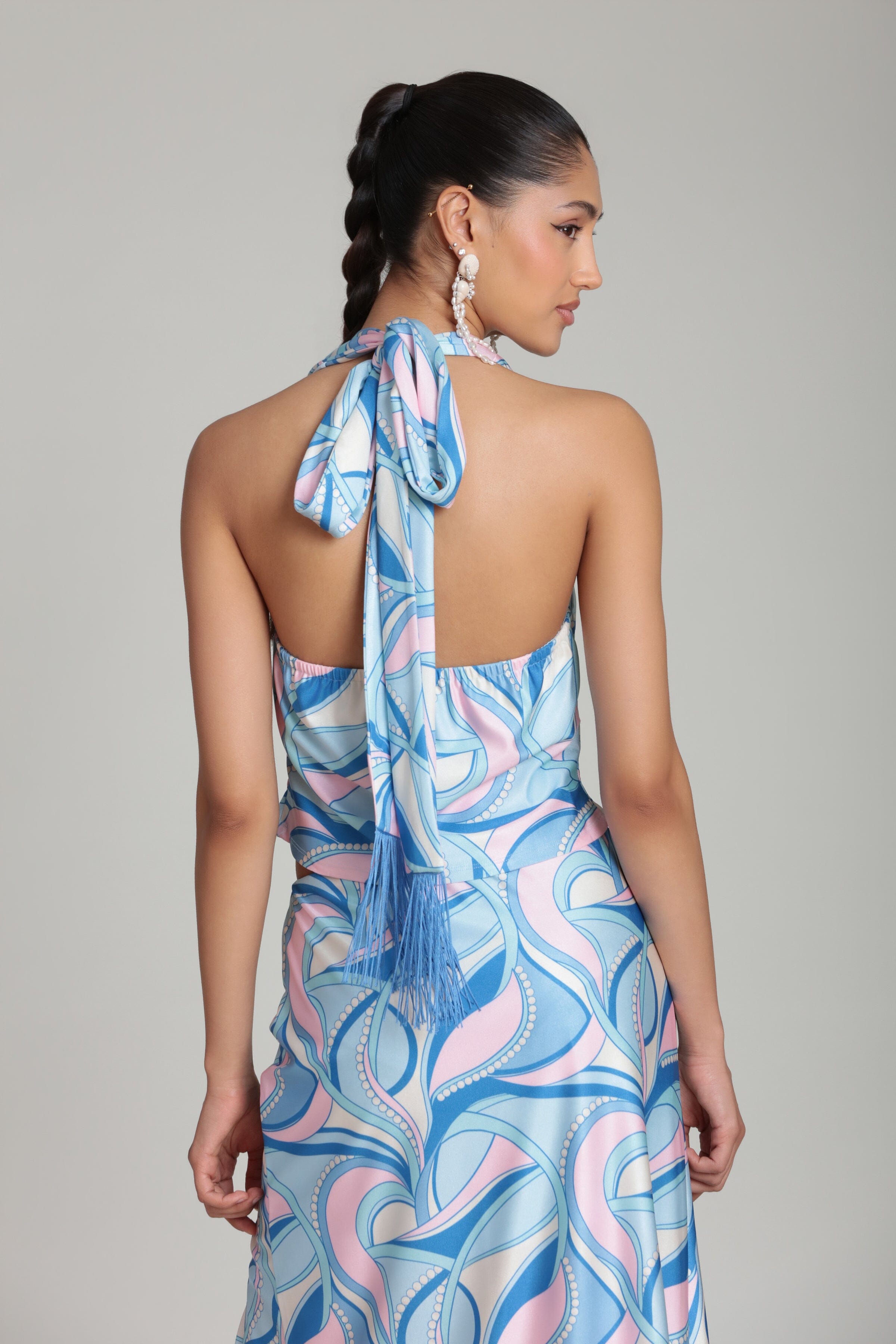 Sleeveless blue paisley satin halter top with scarf tie - Shop designer women's cute satin tops by Avec Les Filles