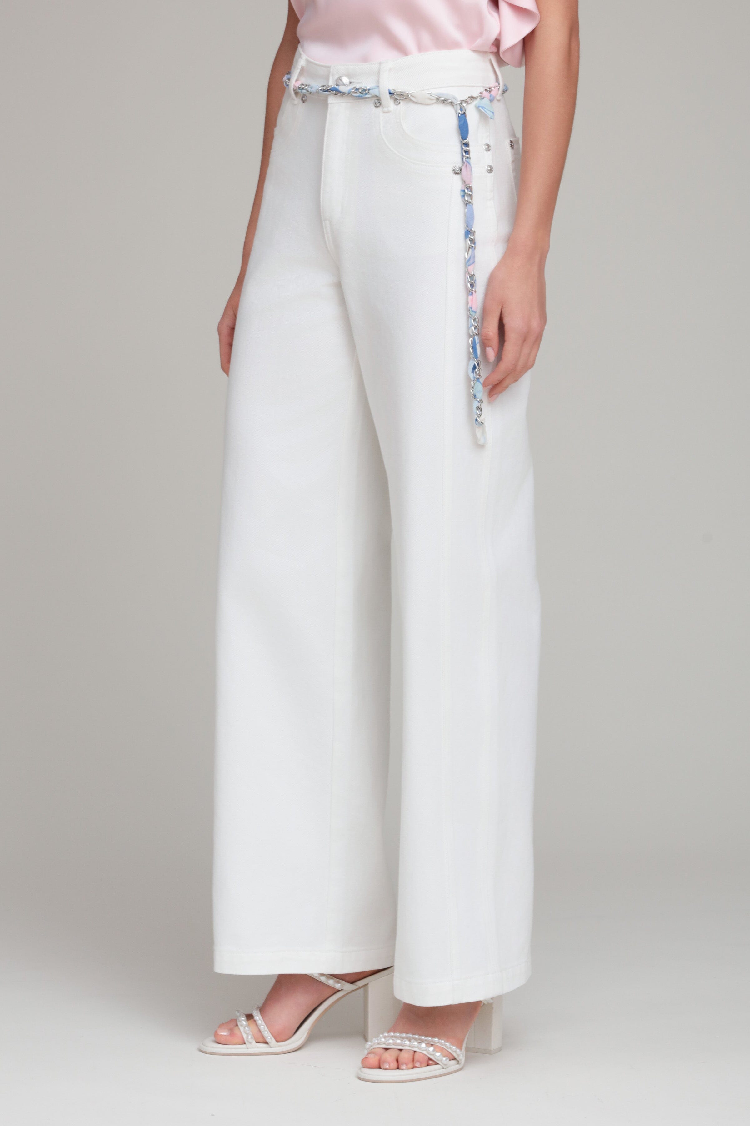 Wide-leg white denim pants for women in cotton with chain belt and mid-rise - Shop cute denim jeans pants by Avec Les Filles