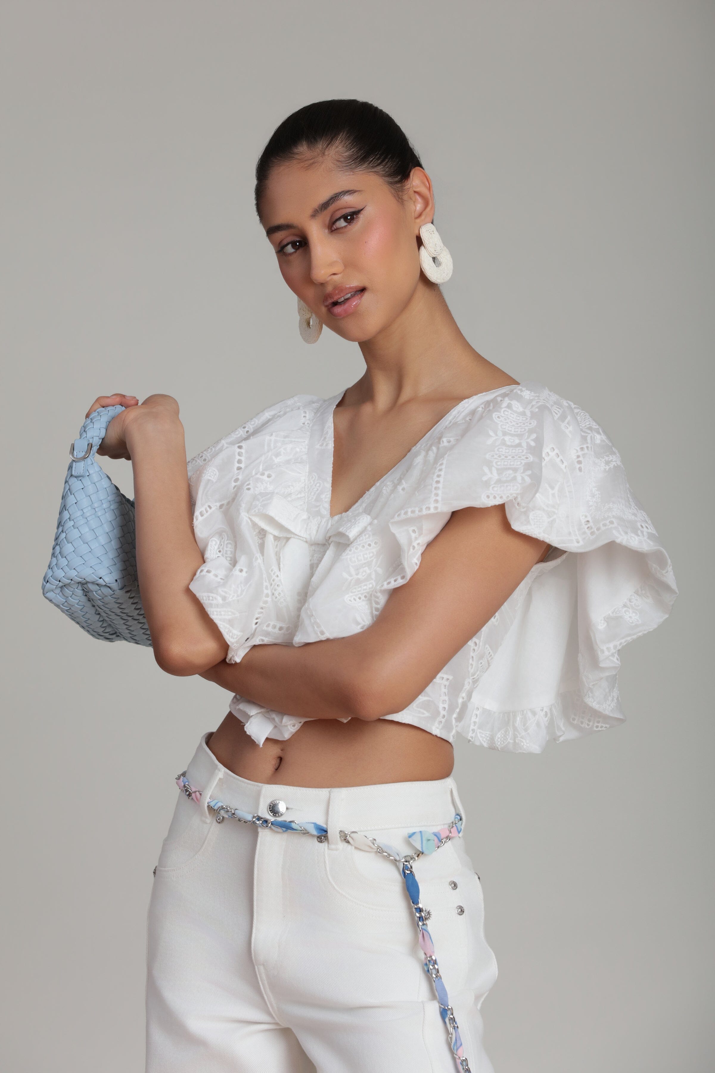 Embroidered white ruffle crop top with a deep V-neckline - Shop designer women's cute crop tops by Avec Les Filles