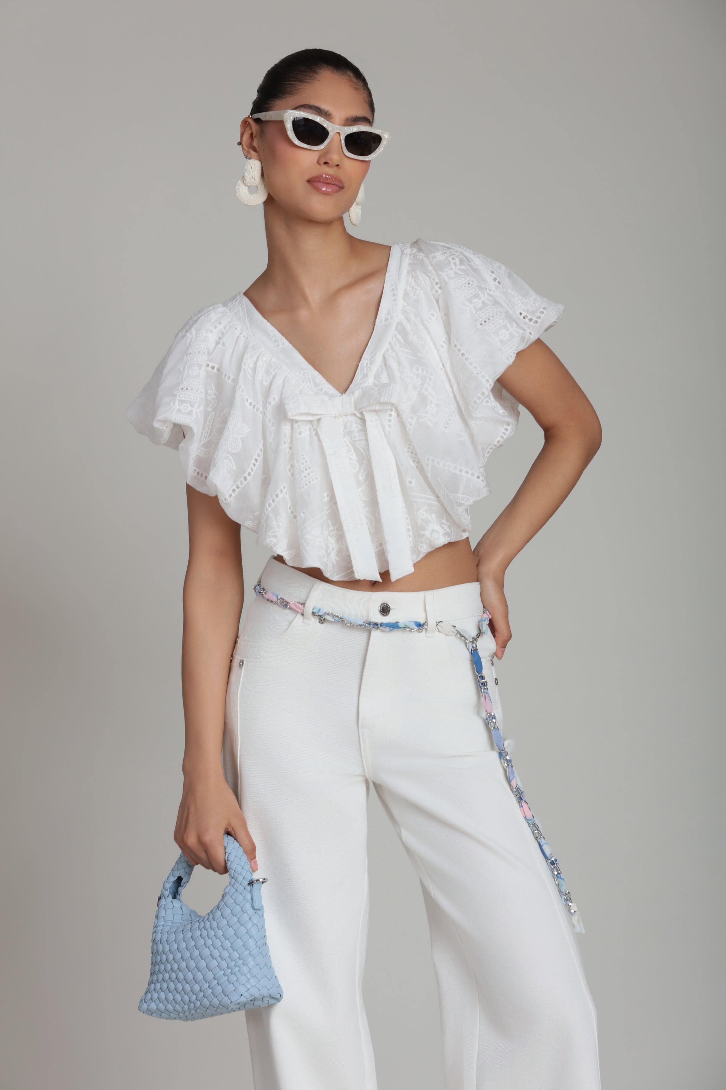 White embroidered crop top with a deep V-neckline - Shop designer women's cute crop tops by Avec Les Filles