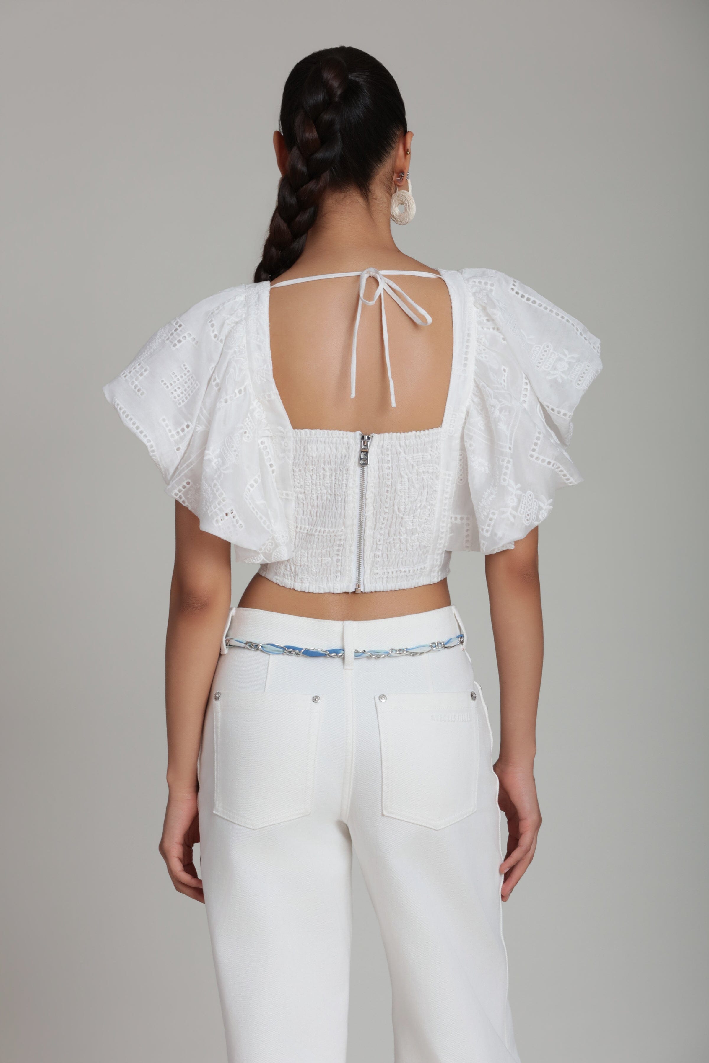 Embroidered white ruffle crop top with adjustable tie - Shop women's crop tops by Avec Les Filles